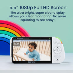 Babysense 5.5” 1080p Full HD Split-Screen Baby Monitor, Video Baby Monitor with Camera and Audio, PTZ Camera, RGB Night Light, 300m Range, Two-Way Audio, 4x Zoom, 5000mAh Battery