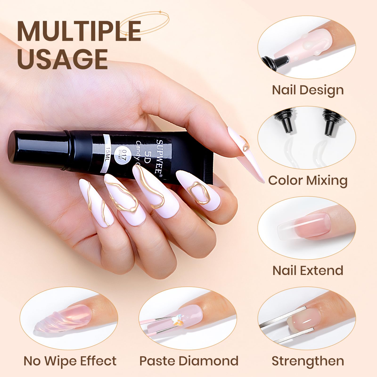 SUPWEE 3D Sculpture Gel Clear Nail Carving Gel for Nail Art Molding Gel DIY Nail Painting Carved Gel Nail Polish 5D Embossed Candy Gel Nail Decoration Manicure 15g