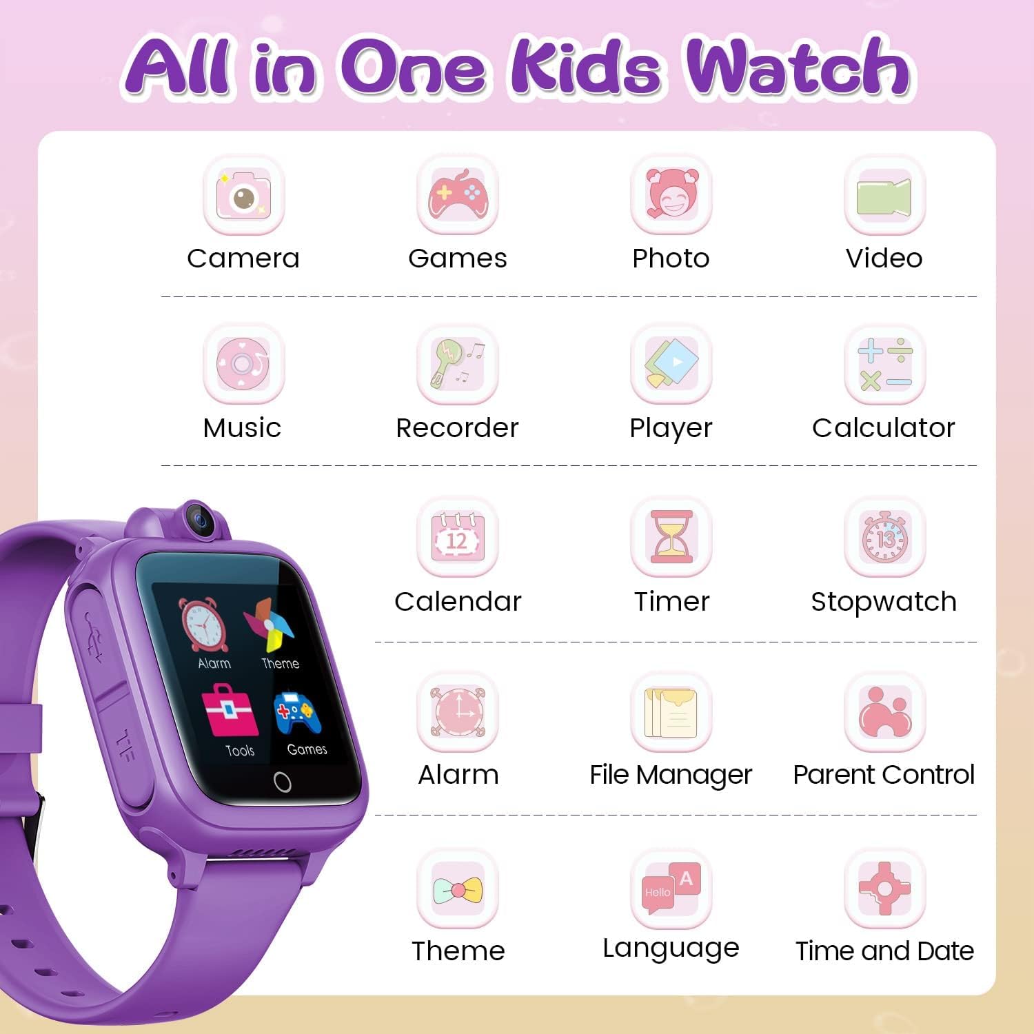 Awatty Kids Smart Watch for Boys Girls, Birthday Gift for 5-12 Year Olds Children, Electronic Learning Toys with 14 Puzzle Games, Pink Digital Watch with 90° Rotating Camera and MP3 Music Player