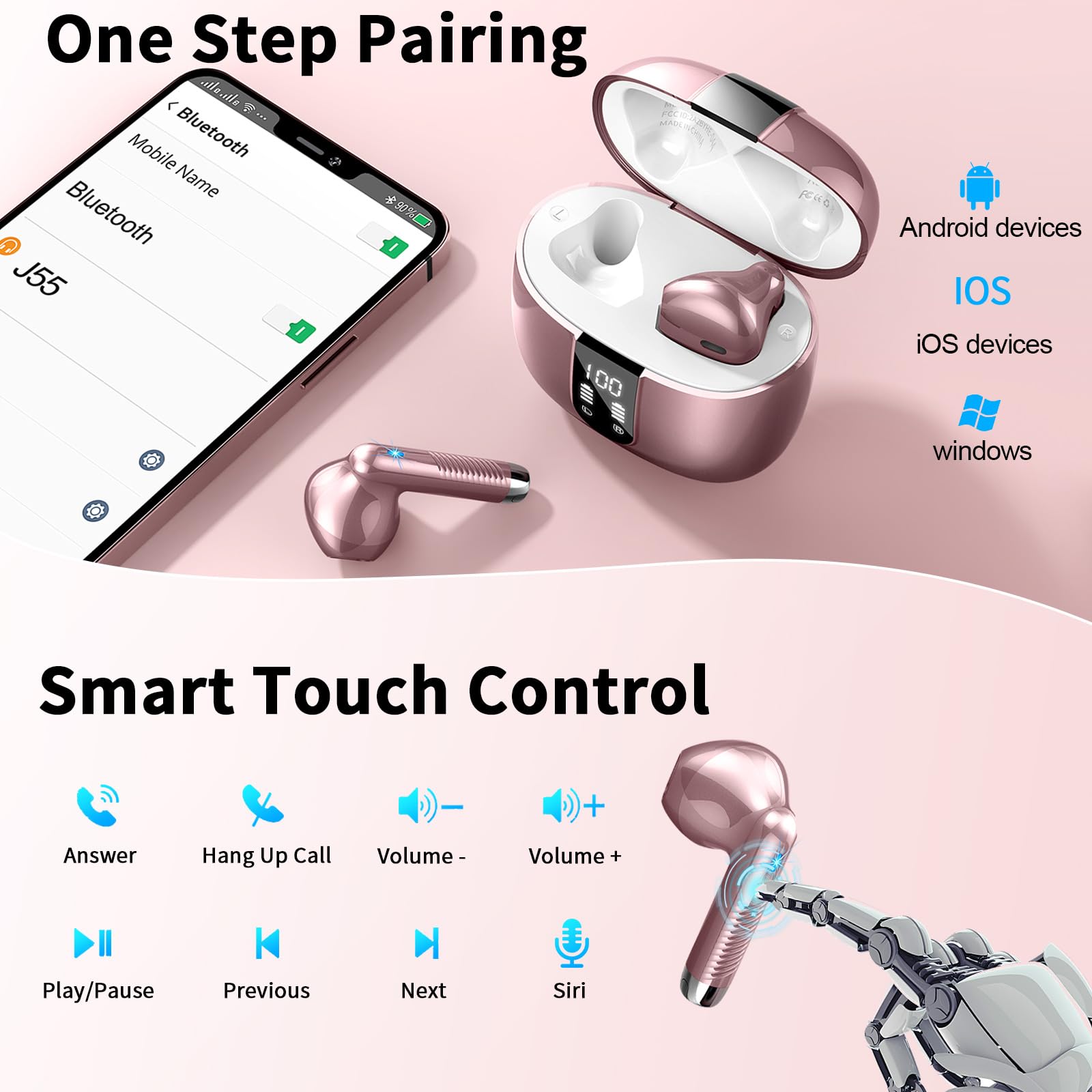 Wireless Earbuds, Bluetooth 5.3 Headphones NEW Wireless Headphones with 4 ENC Mic, 56H Bluetooth Earphones in Ear Noise Cancelling Deep Bass, Mini Ear Buds Bluetooth Earbuds IP7 Waterproof LED Display