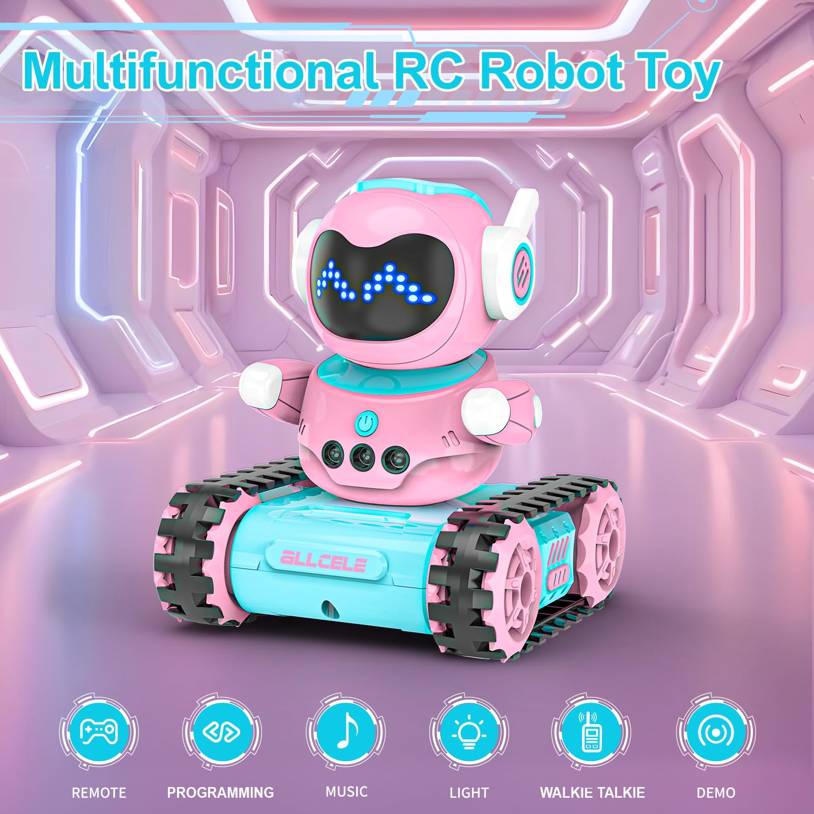 ALLCELE Robot Toys, Rechargeable Kids RC Robots for Girls & Boys, Remote Control Toy with LED Eyes & Music, for Children Age 3+ Years Old - Pink