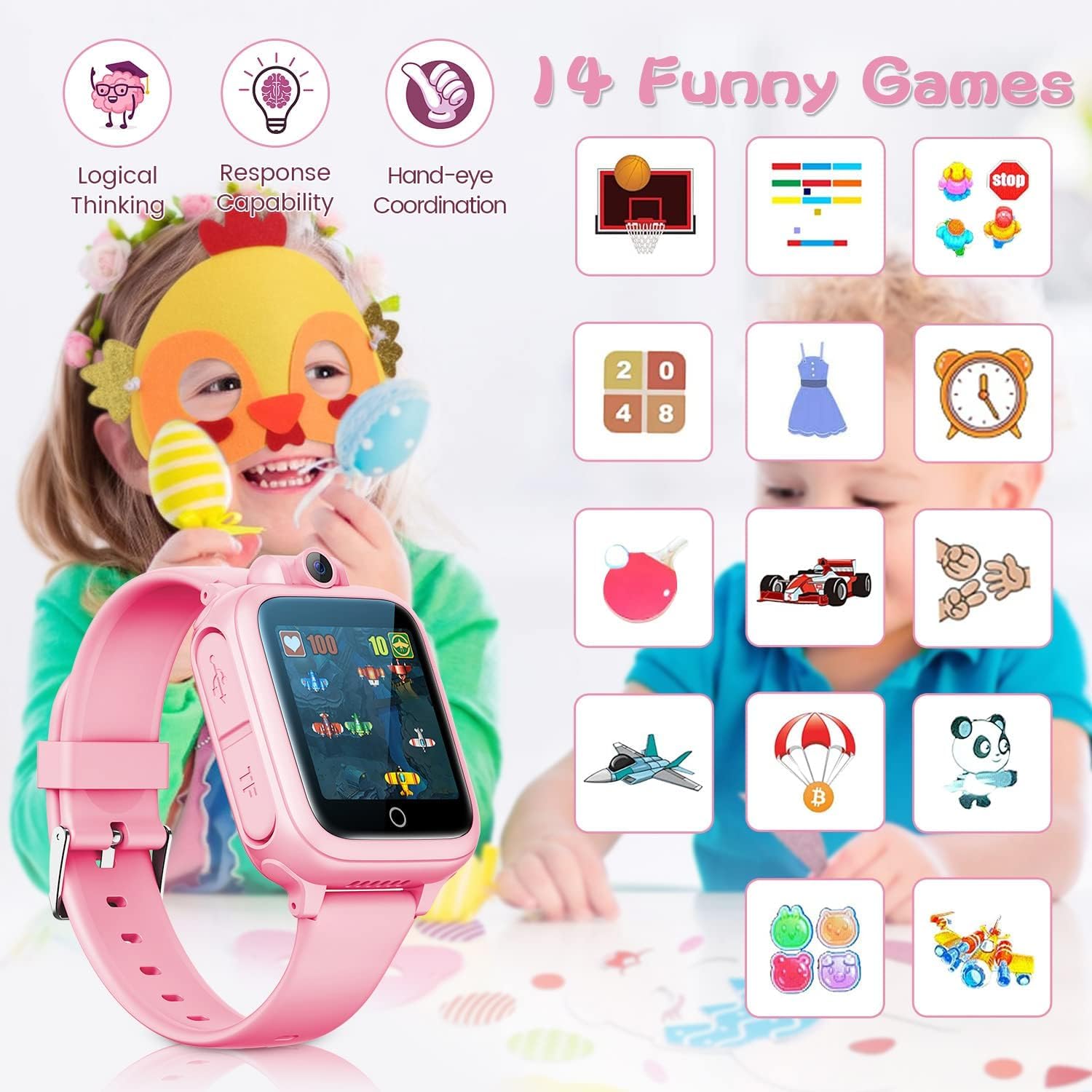 Awatty Kids Smart Watch for Boys Girls, Birthday Gift for 5-12 Year Olds Children, Electronic Learning Toys with 14 Puzzle Games, Pink Digital Watch with 90° Rotating Camera and MP3 Music Player