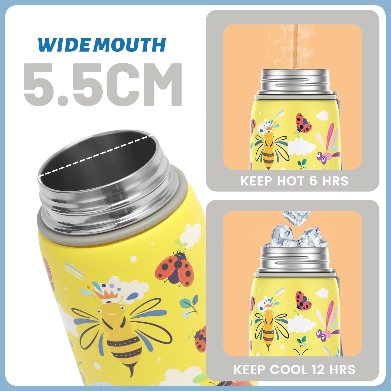 Fjbottle Kids Stainless Steel Water Bottle 400ML with Magnetic Lid, Double Wall Vacuum Insulated Water Bottles BPA Free, Kids Water Bottles for School Toddler Leak Proof with Cleaning Brush