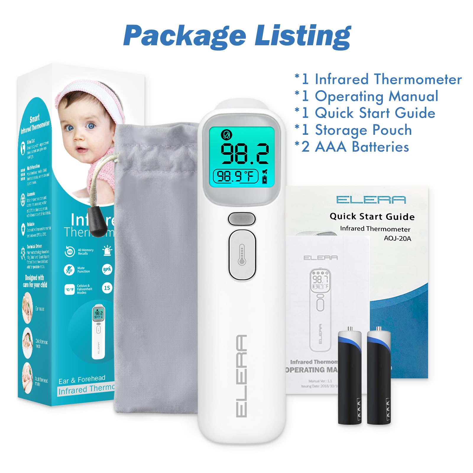 Elera Ear Thermometer for Kids, Baby Thermometer with Forehead and Ear Mode for Adults, Infant, Kids and Toddler, Touchless and 1 Second Reading with Fever Alarm and Mute Function