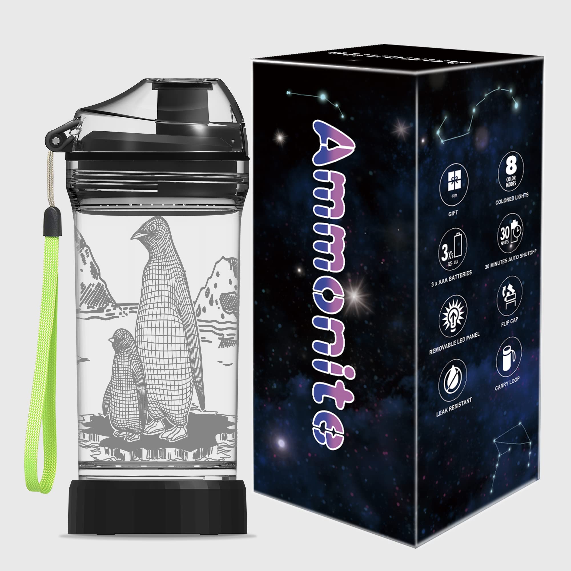 Ammonite Penguin Water Bottle, with 3D Glowing LED Light - 14 OZ Tritan BPA Free - Creative Ideal Travel Cup Gift for School Kid Boy Child Holiday Camping Picnic