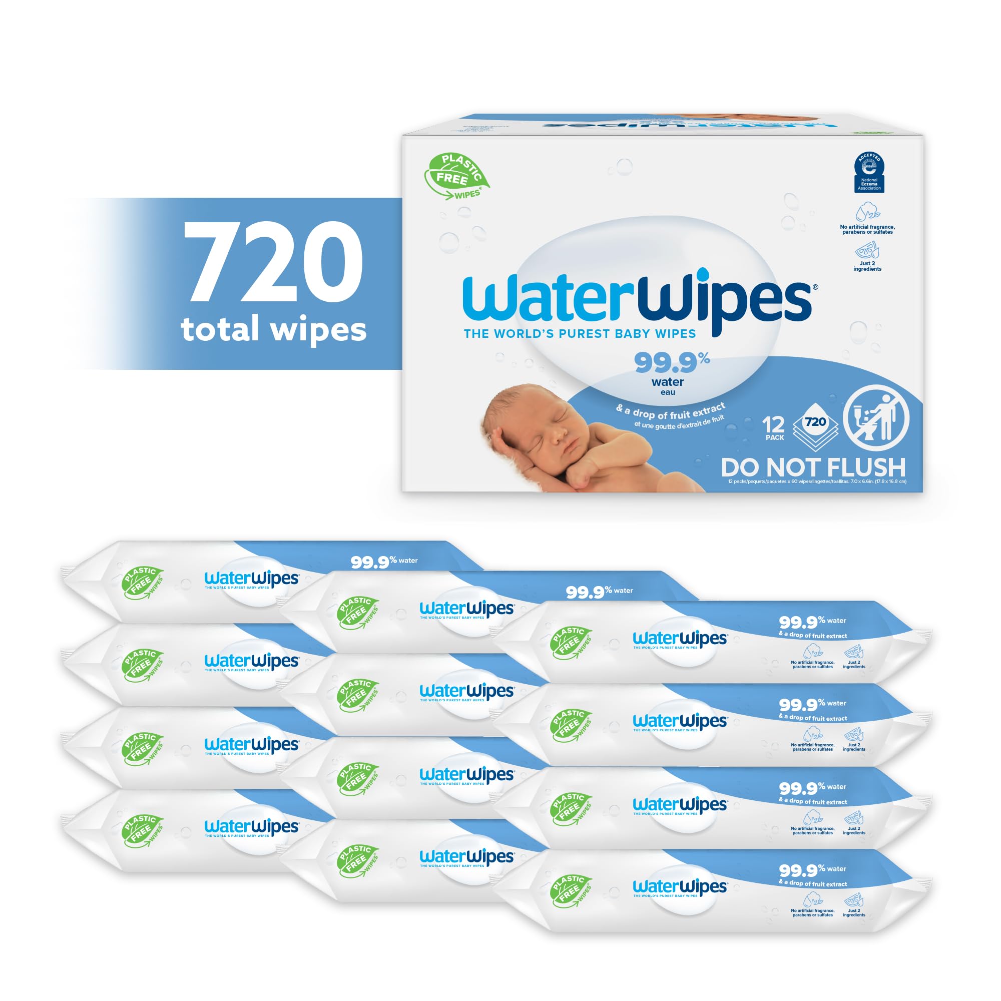 WaterWipes Plastic-Free Original Baby Wipes, 99.9% Water Based Wipes, Unscented for Sensitive Skin, 720 count (Pack of 12)