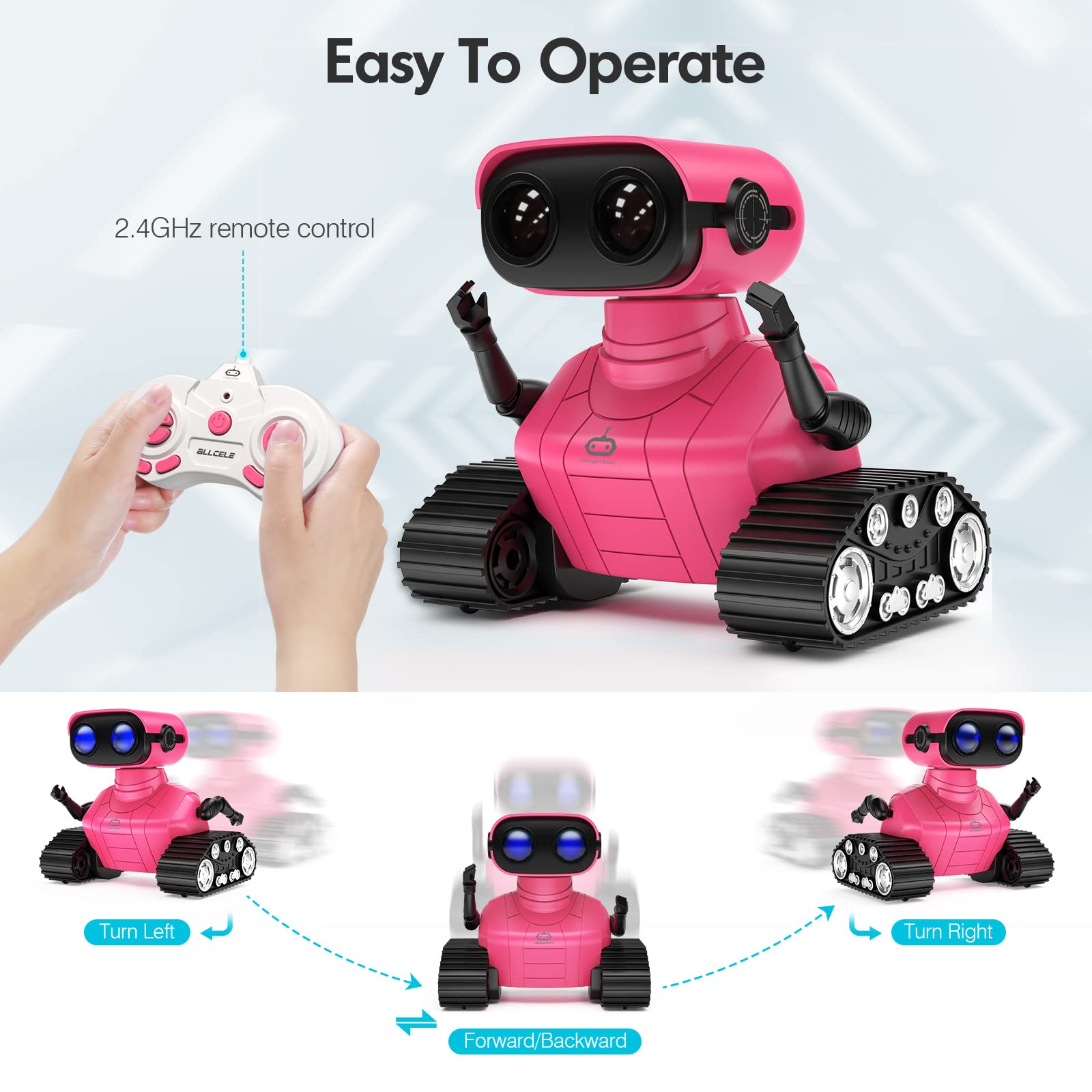 ALLCELE Robot Toys, Rechargeable Kids RC Robots for Girls & Boys, Remote Control Toy with LED Eyes & Music, for Children Age 3+ Years Old - Pink