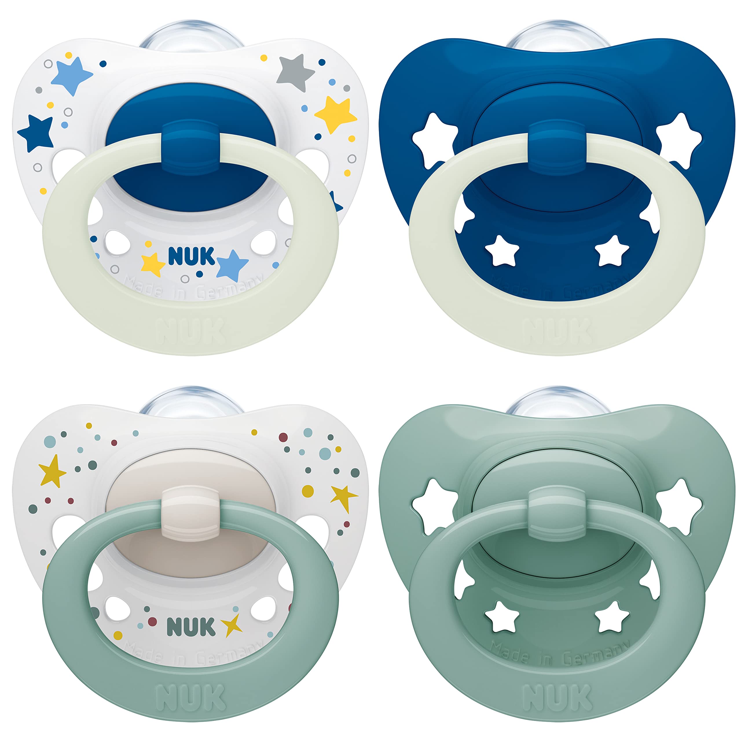 NUK Signature Day & Night Baby Dummy 6-18 months Soothes 95% of Babies Heart-Shaped BPA-Free Silicone Soothers Glow-in-the-Dark Stars 4 Count