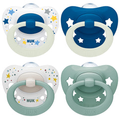 NUK Signature Day & Night Baby Dummy 6-18 months Soothes 95% of Babies Heart-Shaped BPA-Free Silicone Soothers Glow-in-the-Dark Stars 4 Count