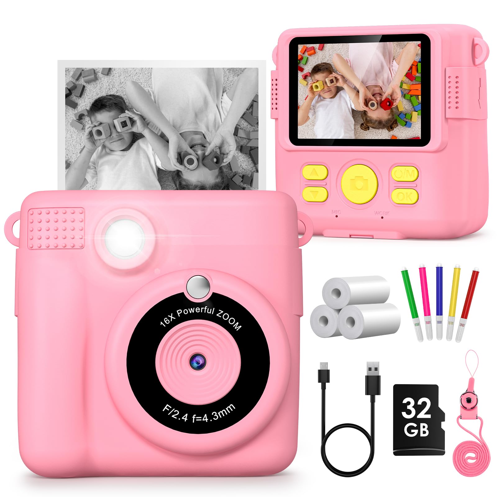 Gofunly Kids Camera Instant Print, 2.4'' Instant Camera for Kids with 32G Card & Print Photo Paper, 1080P HD Video Kids Digital Toddler Toy Camera, Christmas Birthday Gift for Girls Age 3-12 Years Old