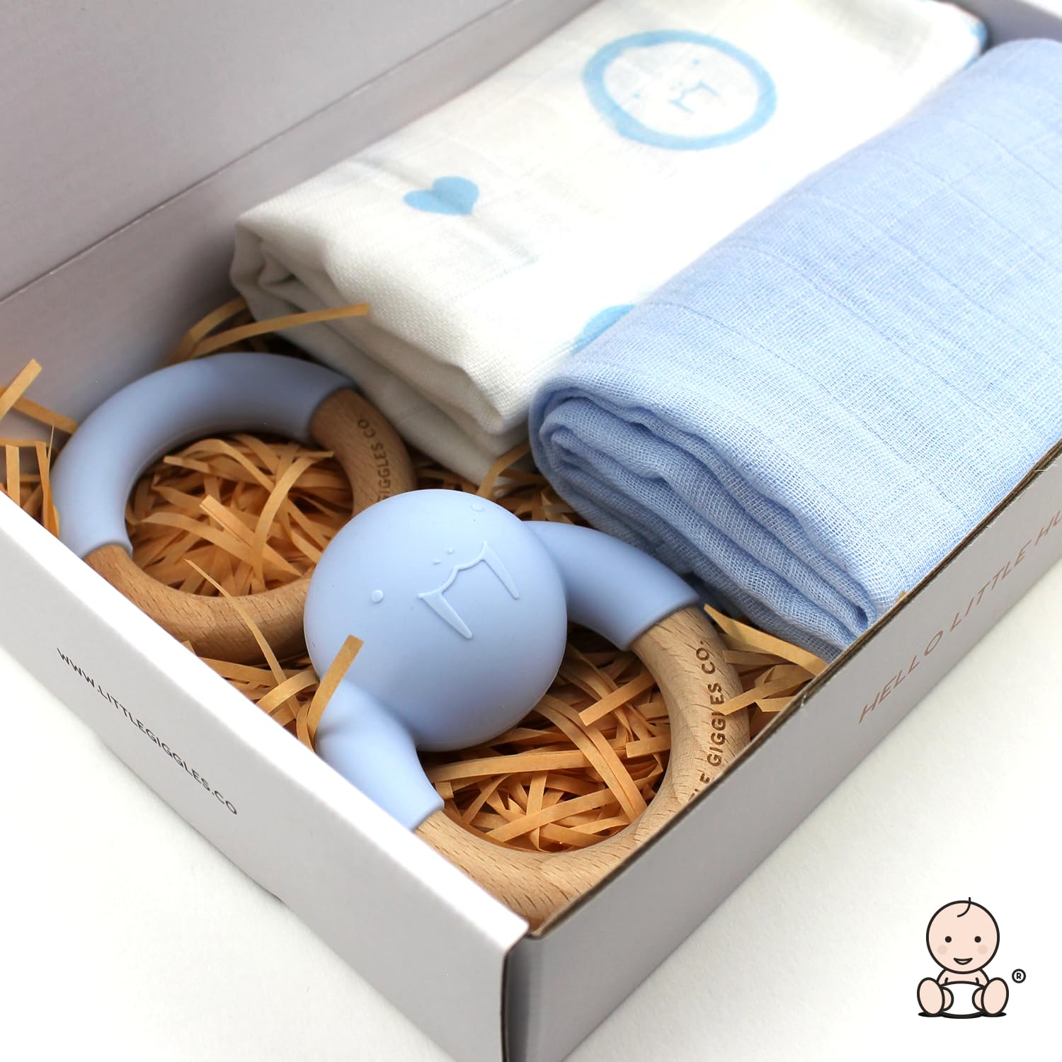 Little Giggles Co.® Baby Gifts - Neutral Teething Toys & Large Muslin Cloths Gift Set. Sensory Play Rattle, Soothing Teether Ring, Cotton Baby Muslins. Baby Essentials for Newborn & Baby Shower Gifts