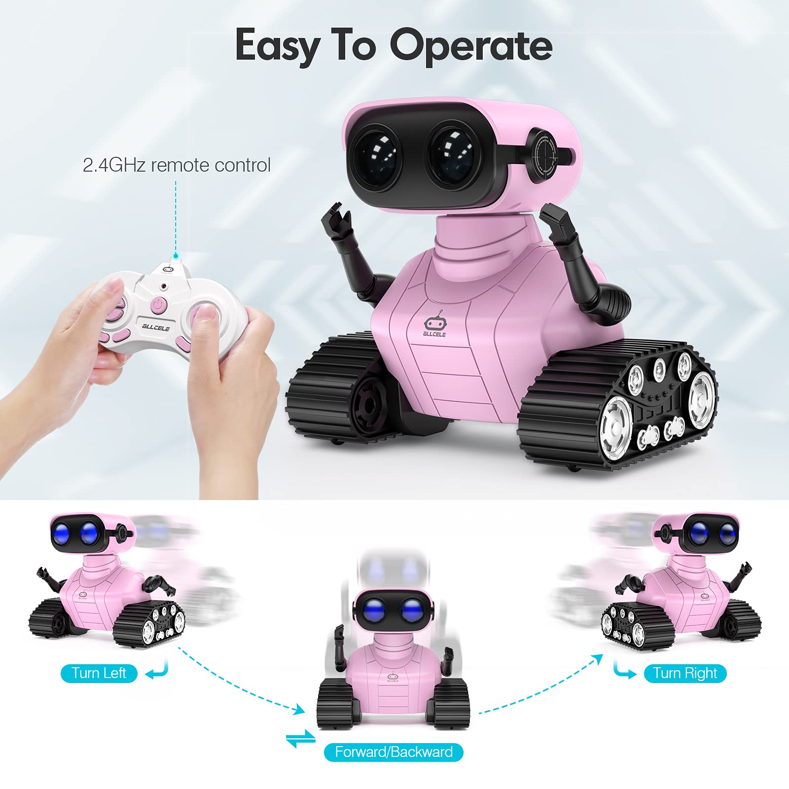 ALLCELE Robot Toys, Rechargeable Kids RC Robots for Girls & Boys, Remote Control Toy with LED Eyes & Music, for Children Age 3+ Years Old - Pink