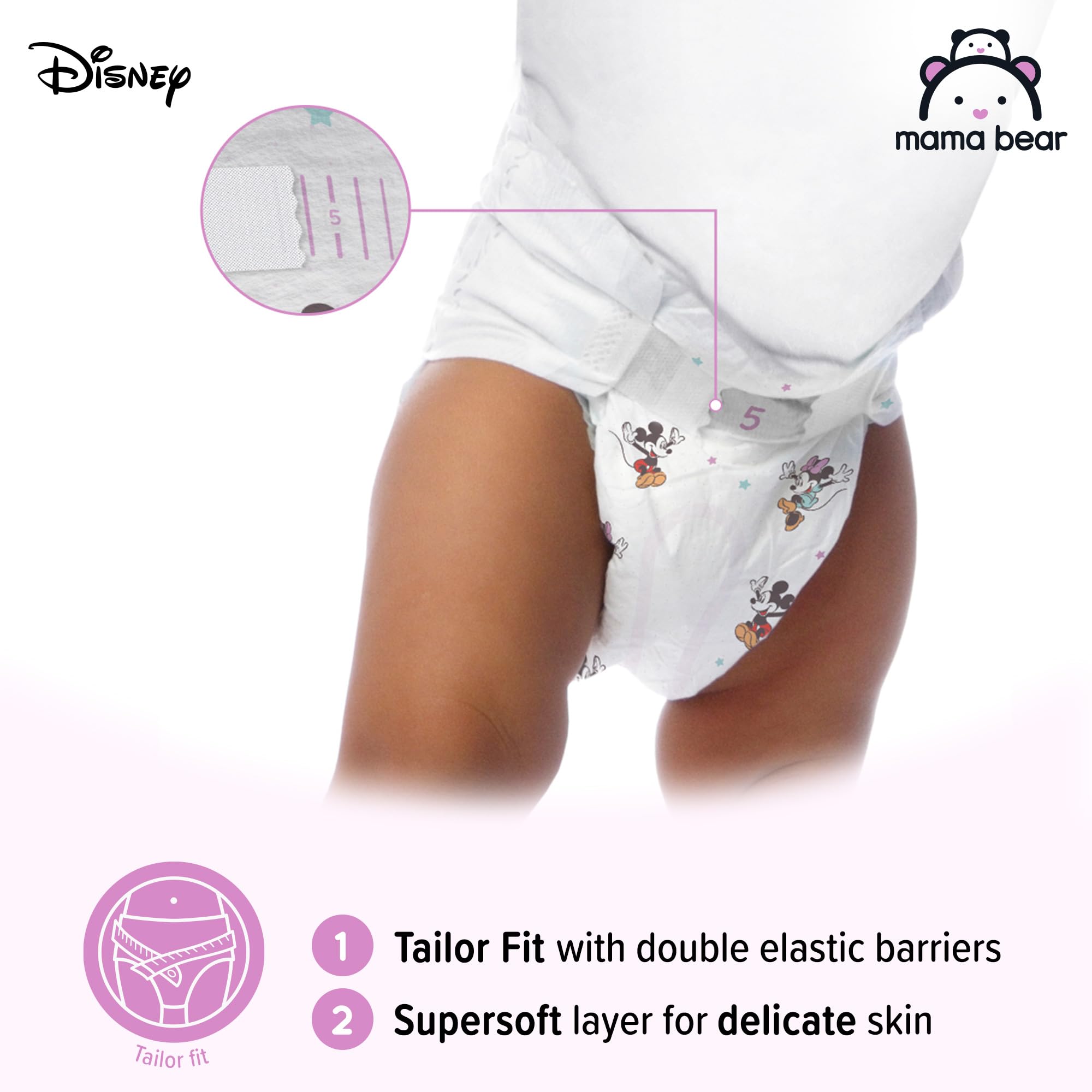 Amazon Brand - Mama Bear Disney Ultra Dry Nappies, Size 1 (2-5 kg), 96 Count, White, Monthly Pack