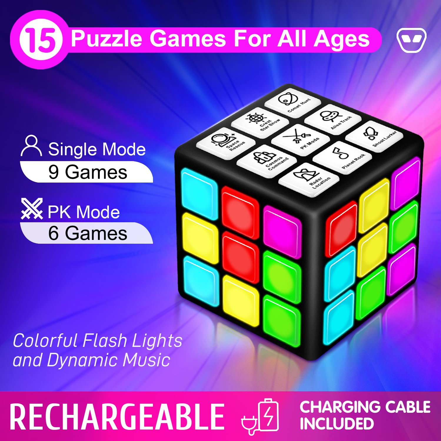 Xinbeiya Rechargeable Game Handheld Cube, 15 Fun Brain & Memory Game with Score Screen, Cool Toys for Kids, Christmas Birthday Gifts for Boys Girls Aged 6-12+ Years Old (Black)