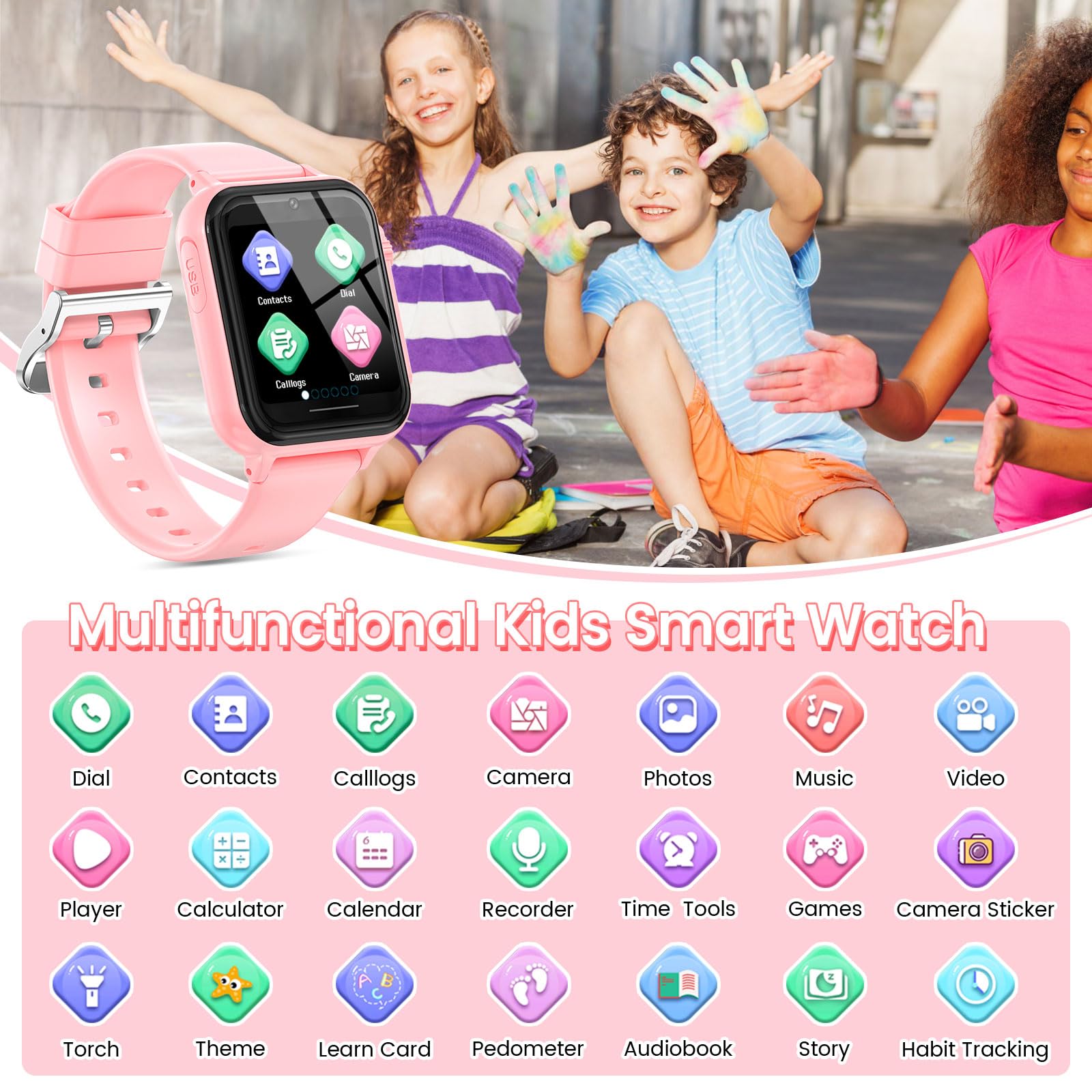 2G Smart Watch for Kids Gift for Girls Ages 4-12 - Includes Screen Protector, 30+ Games, 140 Learning Cards, HD Touch Screen, Camera, Music, Pedometer - Fun & Educational Birthday Gift Idea (Pink)