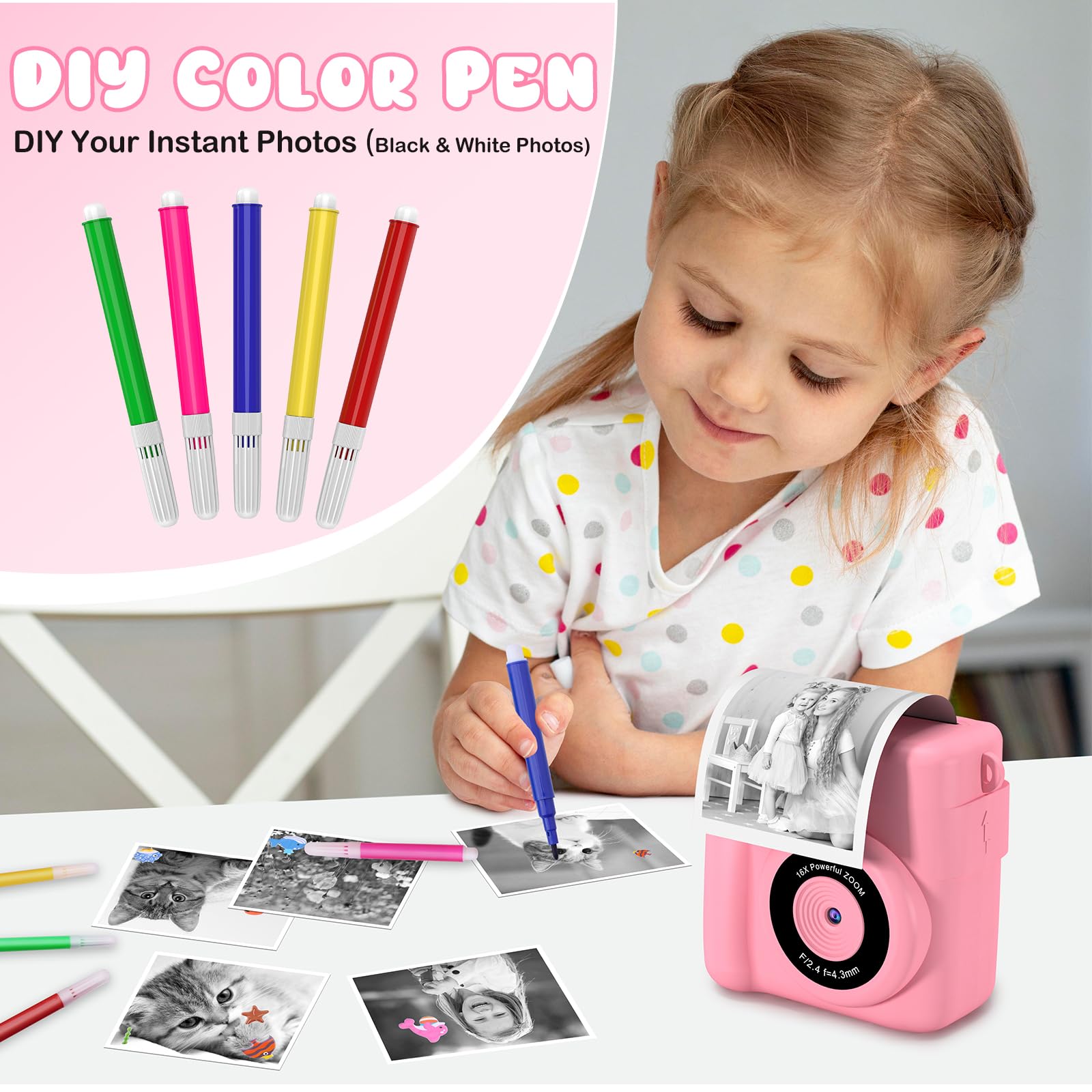 Gofunly Kids Camera Instant Print, 2.4'' Instant Camera for Kids with 32G Card & Print Photo Paper, 1080P HD Video Kids Digital Toddler Toy Camera, Christmas Birthday Gift for Girls Age 3-12 Years Old