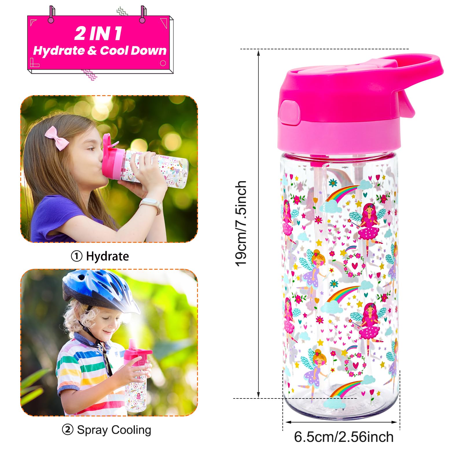 Newthinking Kids Water Bottle with Spray Mist, 420ml Portable Kids Spray Drinking Bottle for Boys Girls School Cool Down and Hydrate