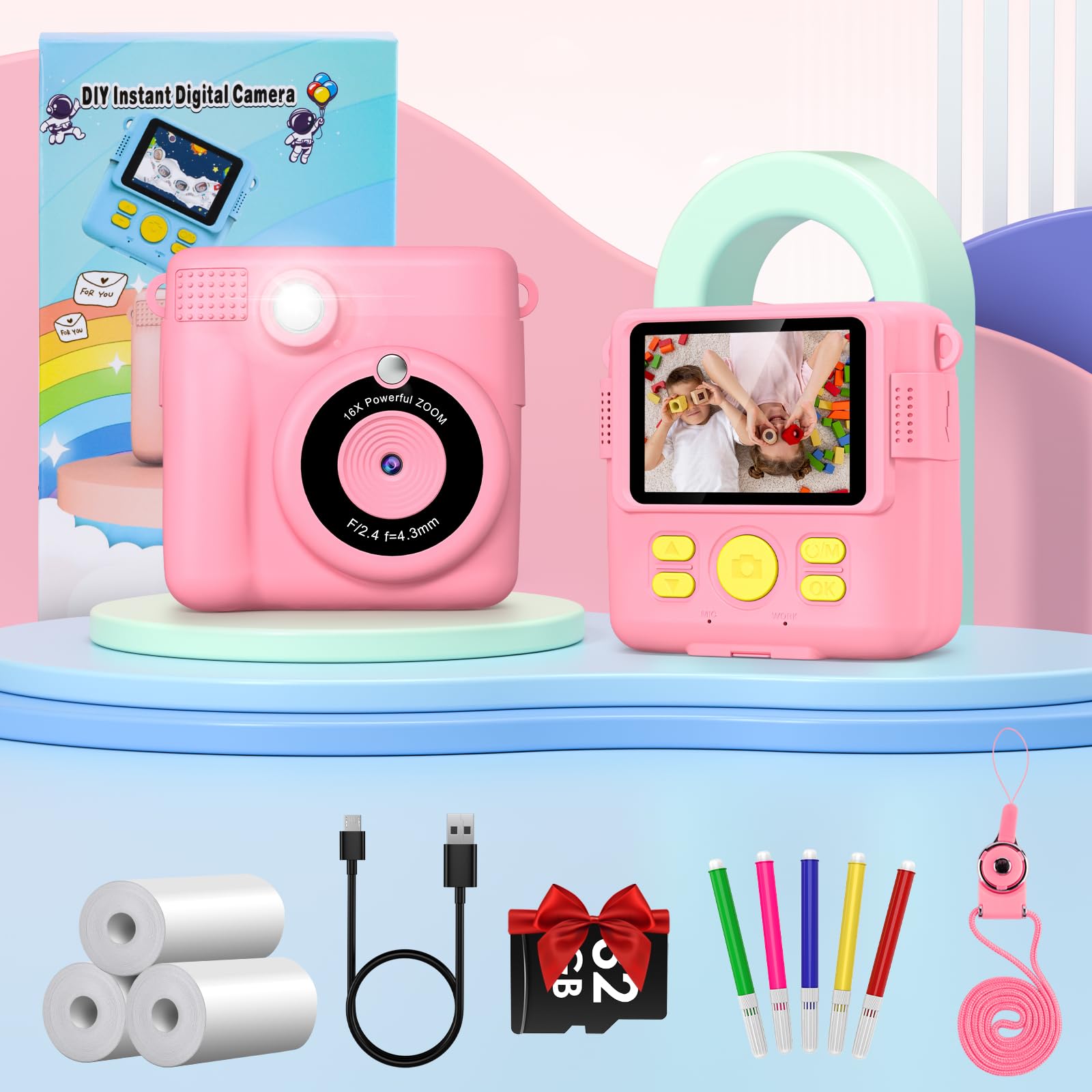 Gofunly Kids Camera Instant Print, 2.4'' Instant Camera for Kids with 32G Card & Print Photo Paper, 1080P HD Video Kids Digital Toddler Toy Camera, Christmas Birthday Gift for Girls Age 3-12 Years Old