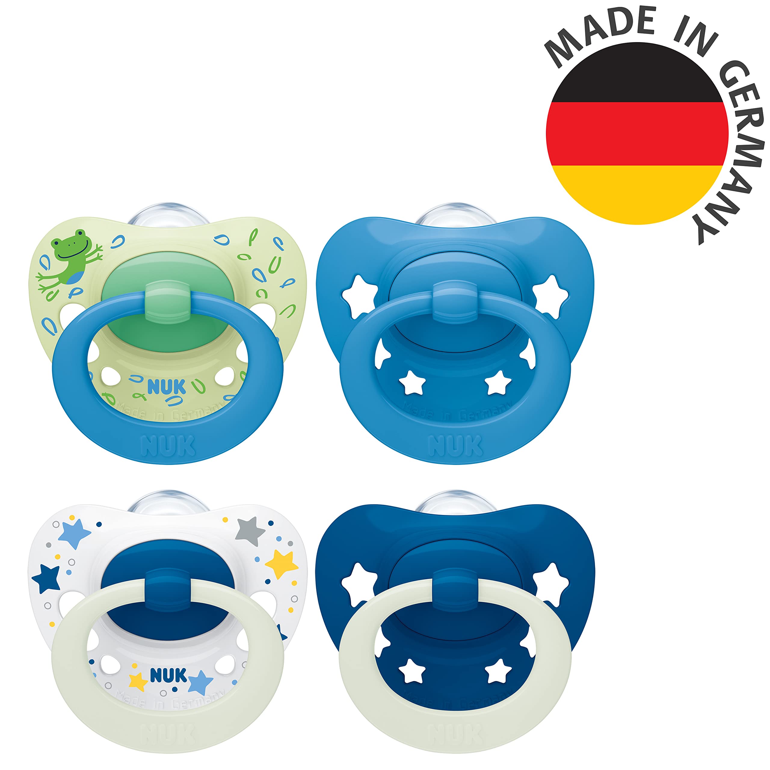 NUK Signature Day & Night Baby Dummy 6-18 months Soothes 95% of Babies Heart-Shaped BPA-Free Silicone Soothers Glow-in-the-Dark Stars 4 Count