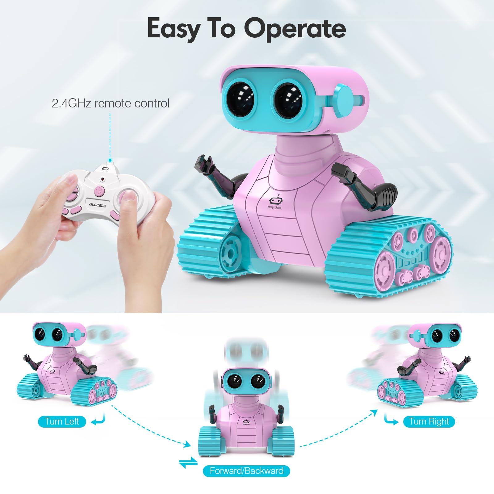 ALLCELE Robot Toys, Rechargeable Kids RC Robots for Girls & Boys, Remote Control Toy with LED Eyes & Music, for Children Age 3+ Years Old - Pink