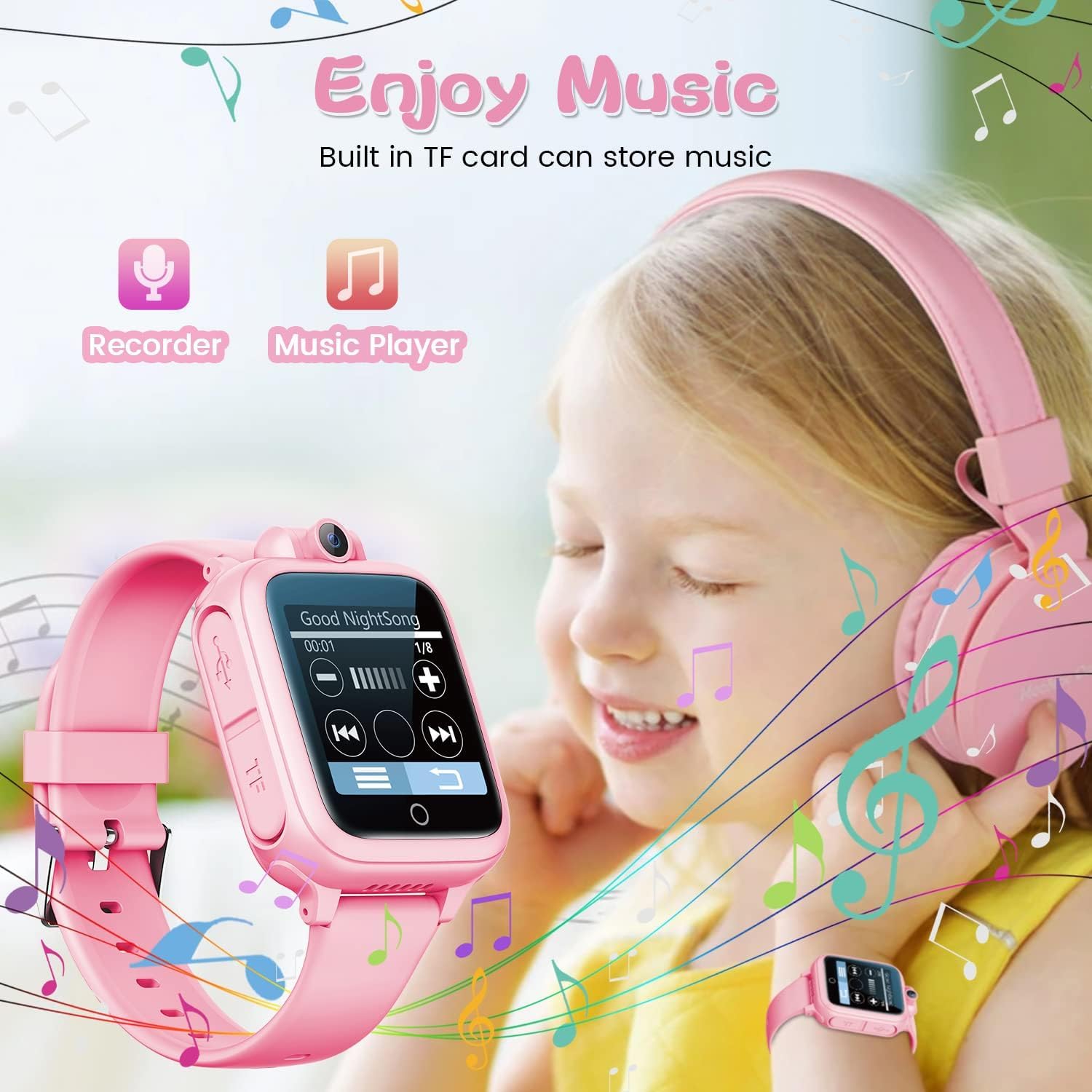 Awatty Kids Smart Watch for Boys Girls, Birthday Gift for 5-12 Year Olds Children, Electronic Learning Toys with 14 Puzzle Games, Pink Digital Watch with 90° Rotating Camera and MP3 Music Player