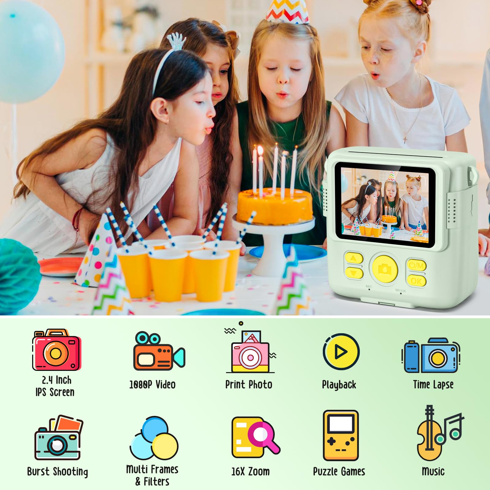 Gofunly Kids Camera Instant Print, 2.4'' Instant Camera for Kids with 32G Card & Print Photo Paper, 1080P HD Video Kids Digital Toddler Toy Camera, Christmas Birthday Gift for Girls Age 3-12 Years Old