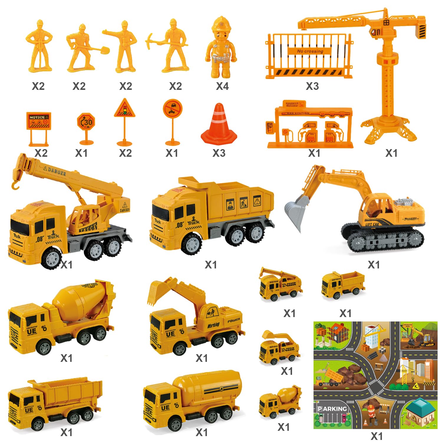 Jiakora Construction Vehicle Toy Truck w/Play Mat Road Signs, Dump Trucks, Excavator, Cement Mixer Trucks, Crane, Engineering Vehicles Toys Set for 3 4 5 6 Years Old Toddlers Kids Boys & Girls