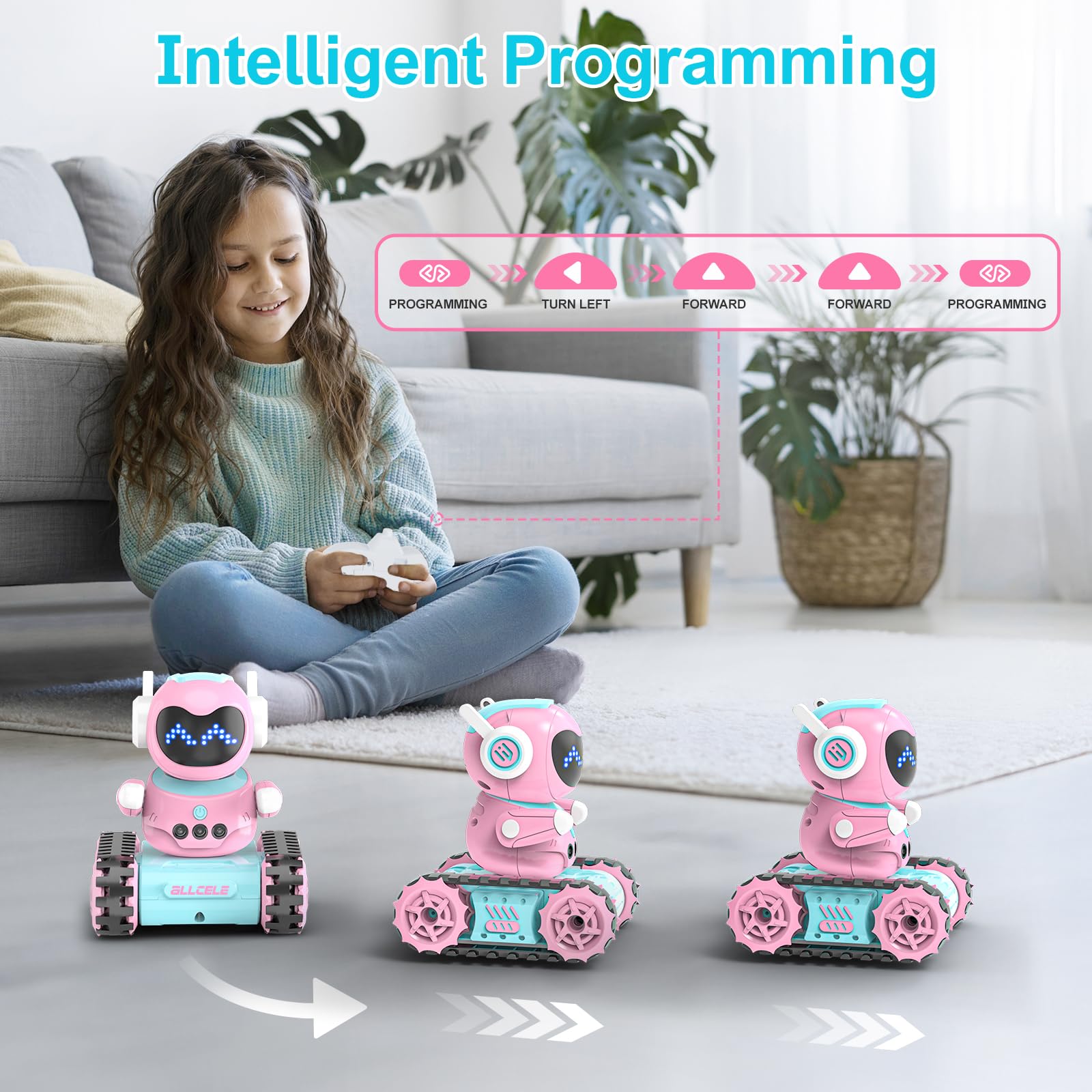 ALLCELE Robot Toys, Rechargeable Kids RC Robots for Girls & Boys, Remote Control Toy with LED Eyes & Music, for Children Age 3+ Years Old - Pink