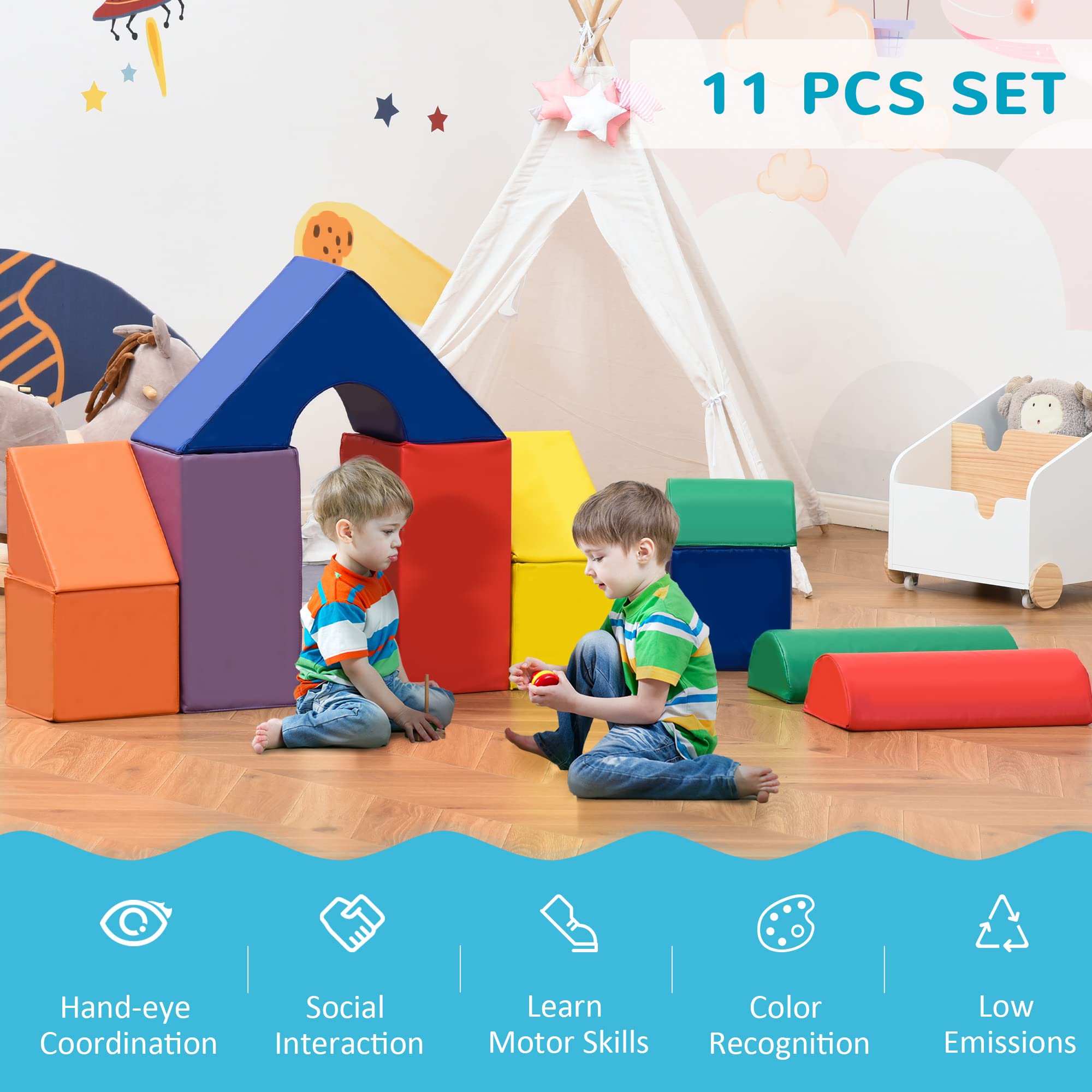 HOMCOM 11 Piece Kids Soft Foam Puzzle Play Set Interlocking Toddler Learning Blocks Soft Play Blocks Gym Toy Foam Building and Stacking Blocks Educational Play Structure Safe Crawl Climb