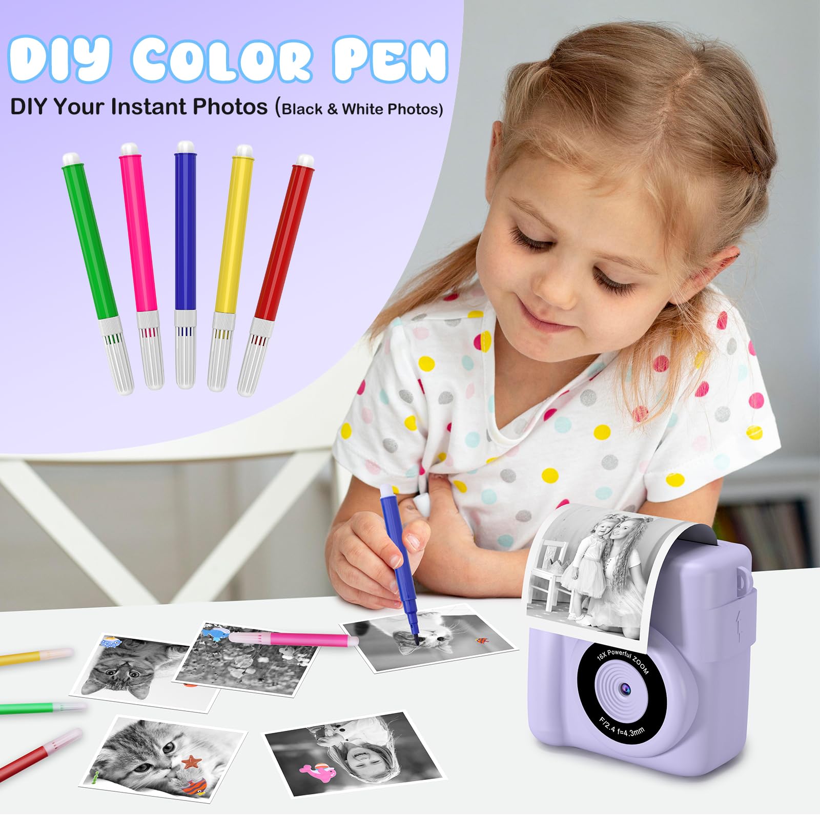 Gofunly Kids Camera Instant Print, 2.4'' Instant Camera for Kids with 32G Card & Print Photo Paper, 1080P HD Video Kids Digital Toddler Toy Camera, Christmas Birthday Gift for Girls Age 3-12 Years Old