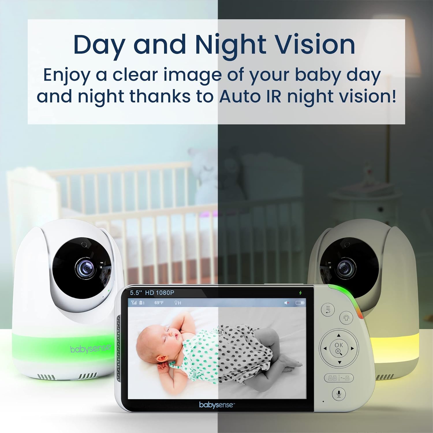 Babysense 5.5” 1080p Full HD Split-Screen Baby Monitor, Video Baby Monitor with Camera and Audio, PTZ Camera, RGB Night Light, 300m Range, Two-Way Audio, 4x Zoom, 5000mAh Battery