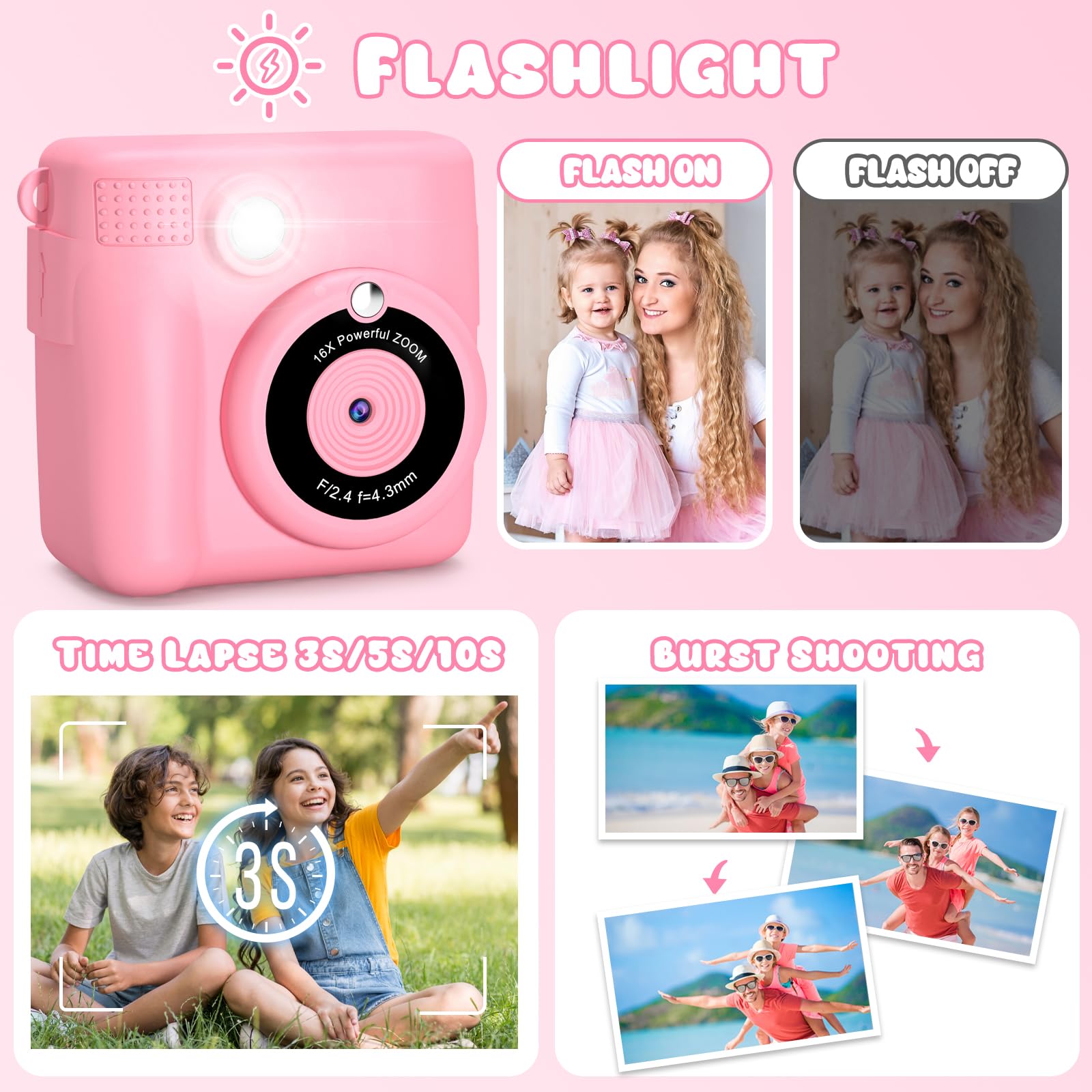 Gofunly Kids Camera Instant Print, 2.4'' Instant Camera for Kids with 32G Card & Print Photo Paper, 1080P HD Video Kids Digital Toddler Toy Camera, Christmas Birthday Gift for Girls Age 3-12 Years Old