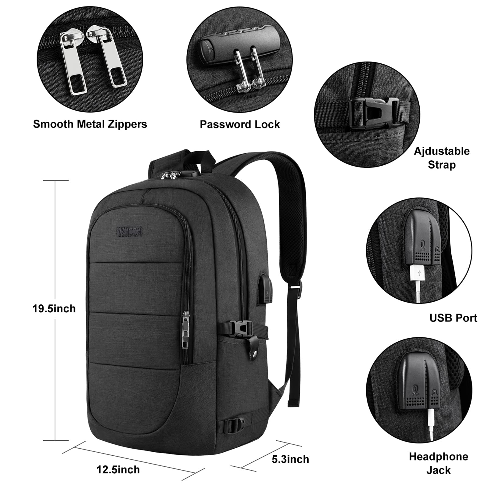 VSNOON Anti-Theft Laptop Backpack, 15.6-17.3 inch Business Laptop Rucksack Bag with USB Charging Port & Lock, Water Resistant Travel Backpack Computer Bag for Women Men, Black