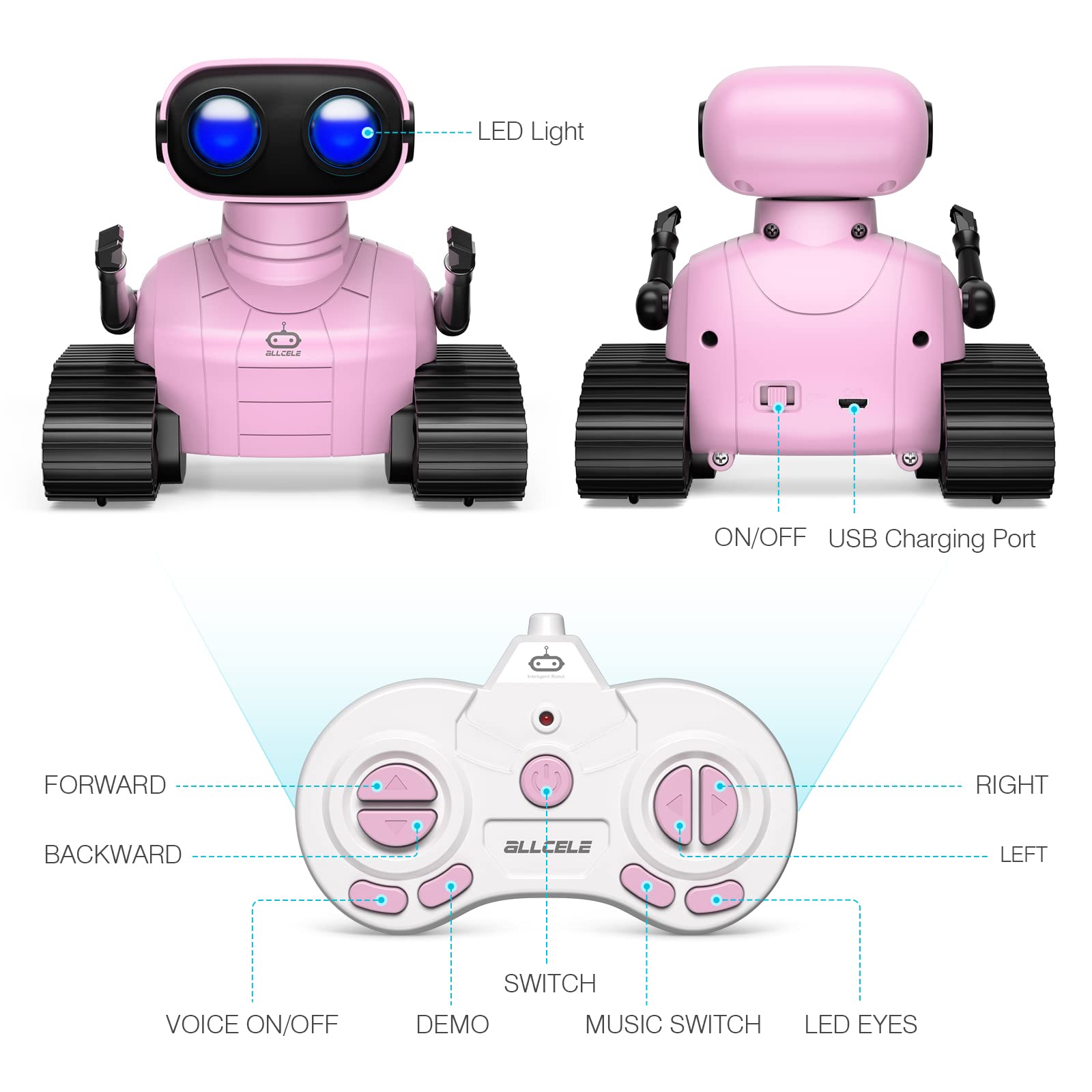 ALLCELE Robot Toys, Rechargeable Kids RC Robots for Girls & Boys, Remote Control Toy with LED Eyes & Music, for Children Age 3+ Years Old - Pink