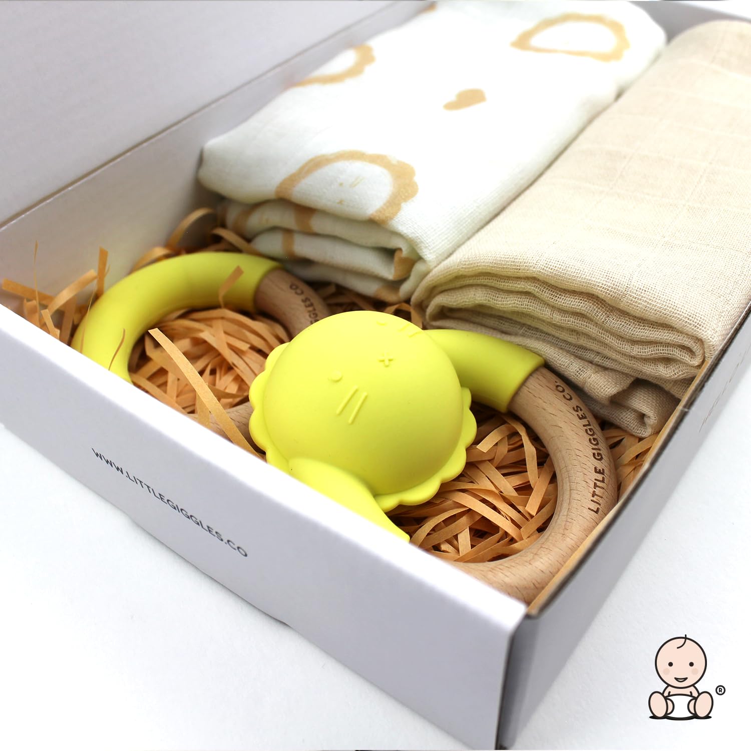 Little Giggles Co.® Baby Gifts - Neutral Teething Toys & Large Muslin Cloths Gift Set. Sensory Play Rattle, Soothing Teether Ring, Cotton Baby Muslins. Baby Essentials for Newborn & Baby Shower Gifts