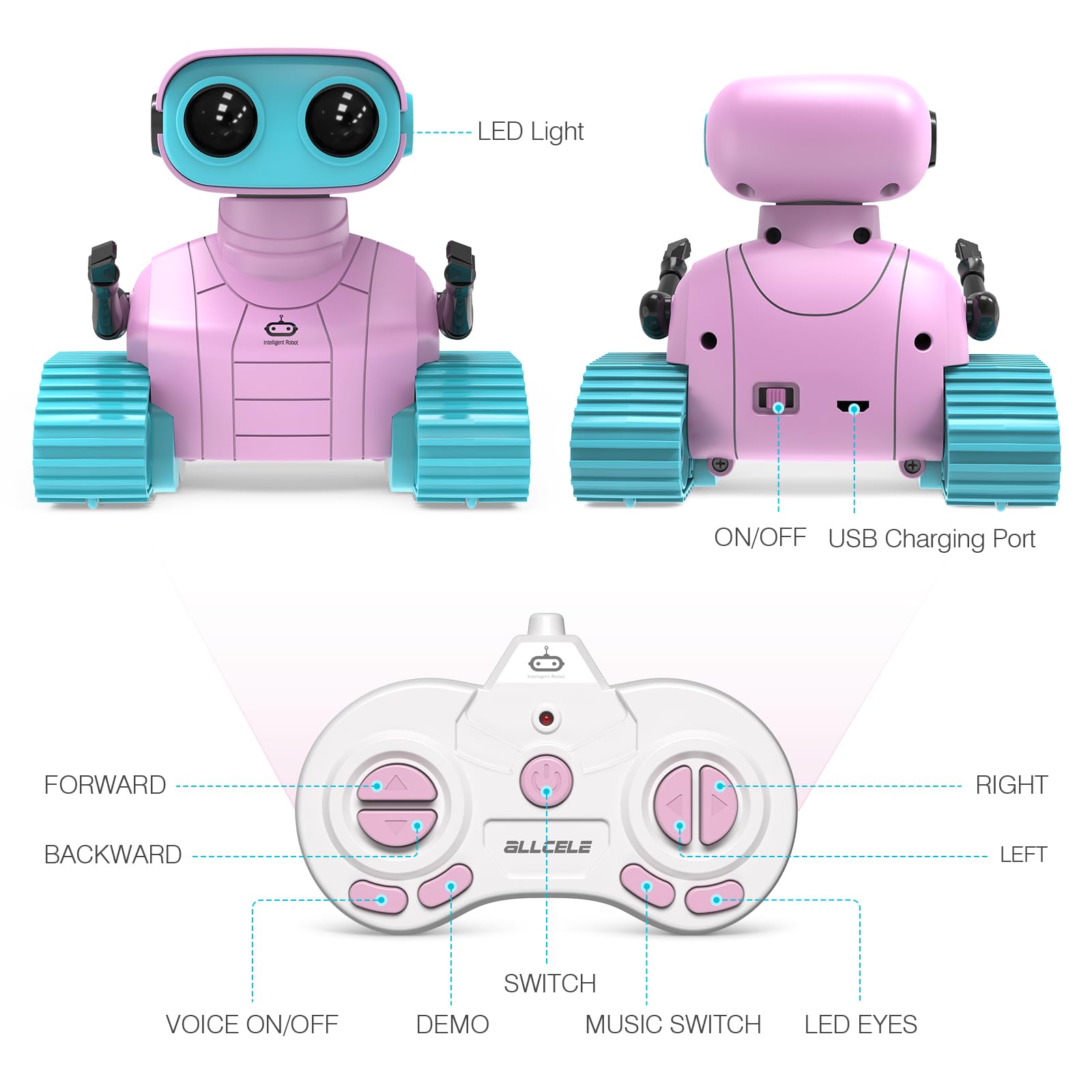 ALLCELE Robot Toys, Rechargeable Kids RC Robots for Girls & Boys, Remote Control Toy with LED Eyes & Music, for Children Age 3+ Years Old - Pink