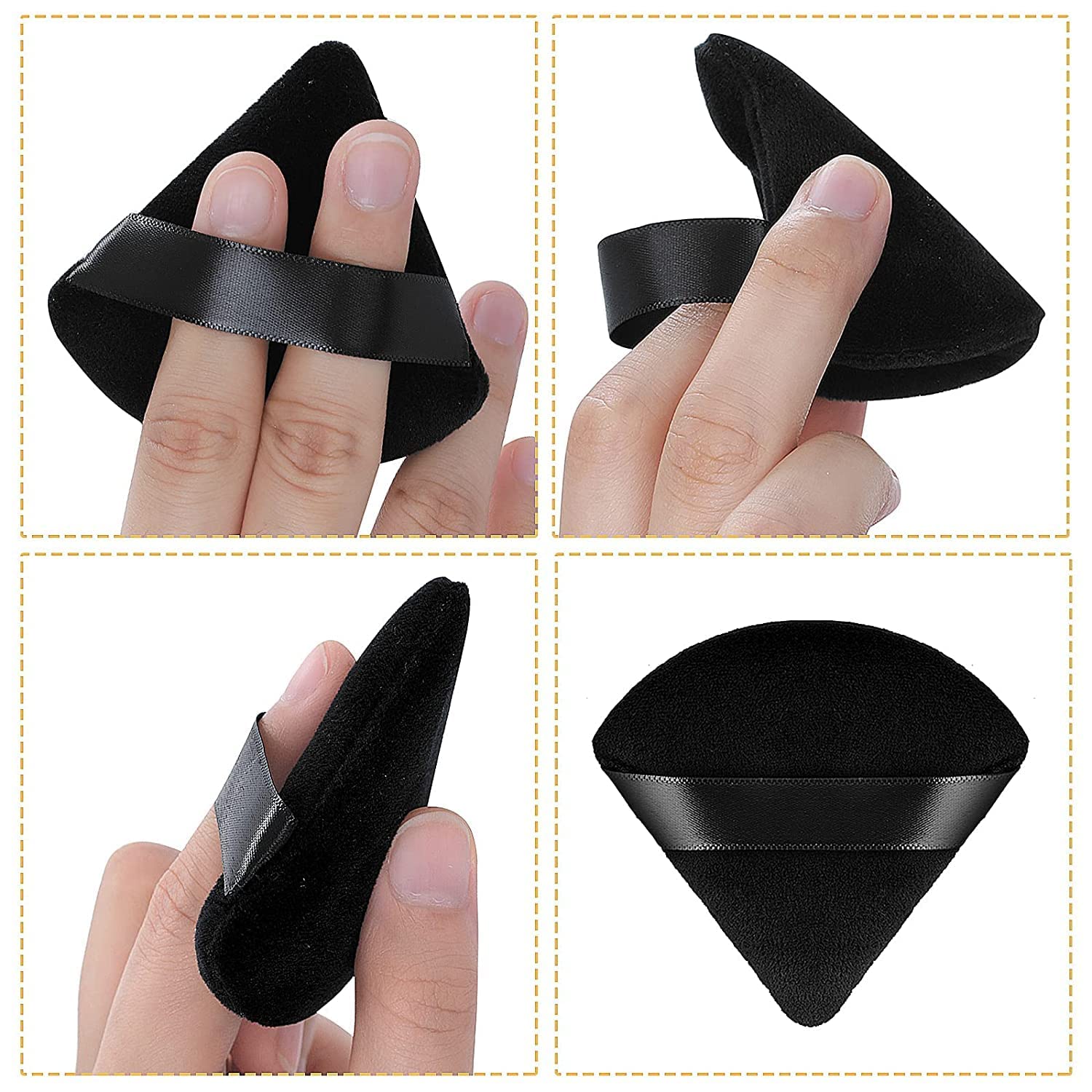 WROLY Triangle Puff 4 Pcs for Pressed Powder, Soft & Resuable Foundation Sponge With Strap, Makeup Sponge Perfect For Dry & Wet Makeup (Black + Black)