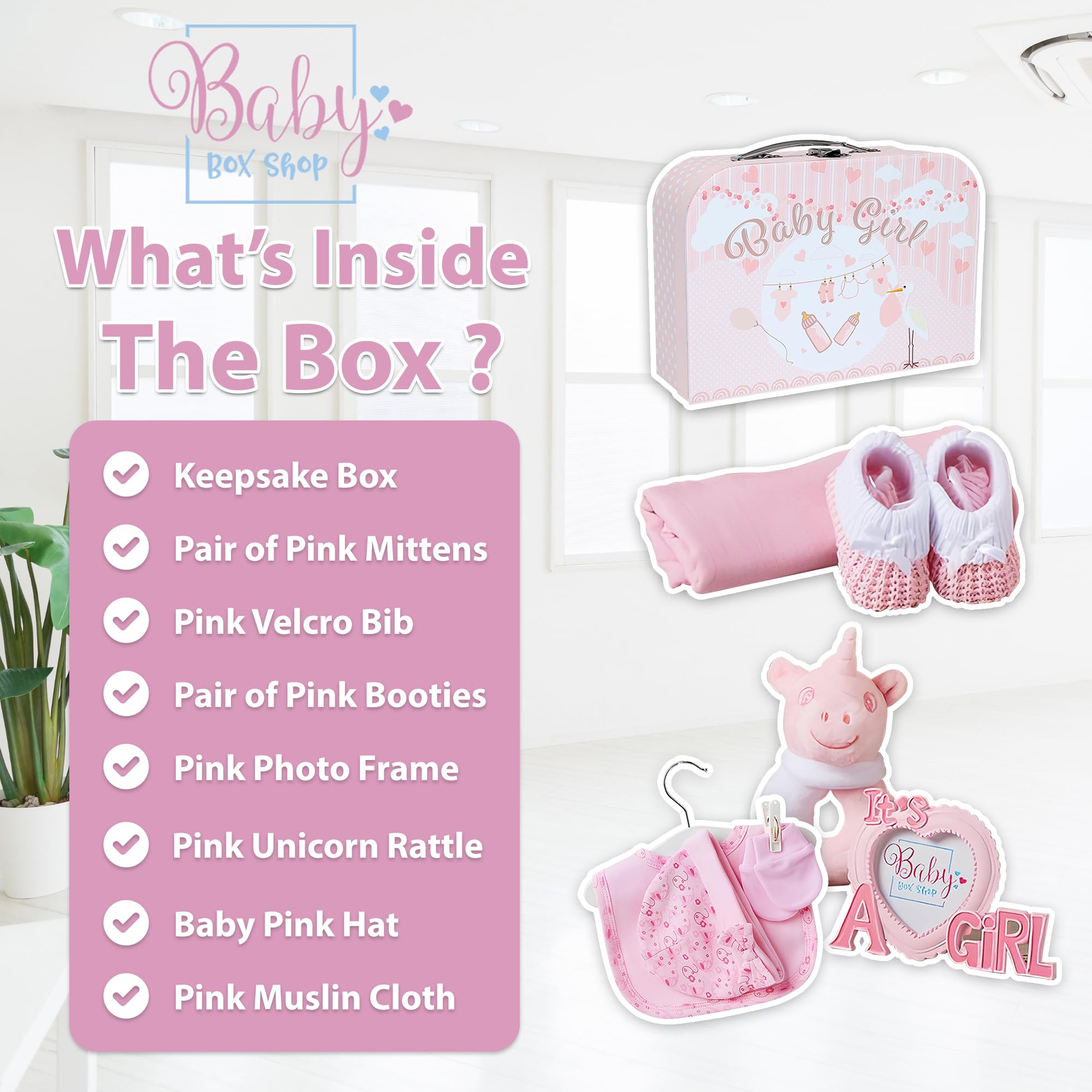 Baby Box Shop - 7 Newborn Baby Girl Gifts Ideal for Christening, Birthdays & Baby Shower Gifts - Includes Baby Essentials for Newborn Girl with Baby Rattle in Cute Keepsake Case, Baby Girl Hamper