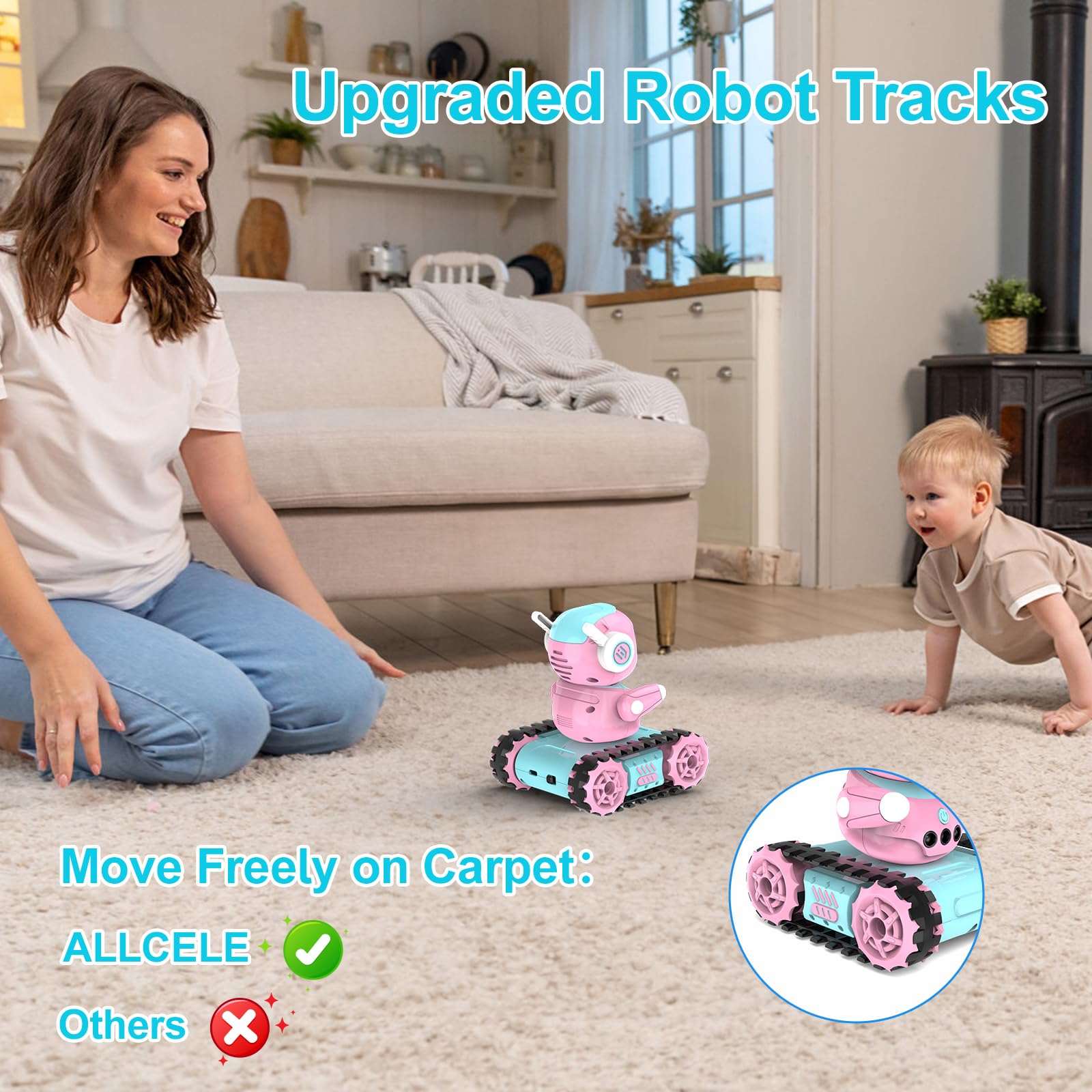 ALLCELE Robot Toys, Rechargeable Kids RC Robots for Girls & Boys, Remote Control Toy with LED Eyes & Music, for Children Age 3+ Years Old - Pink