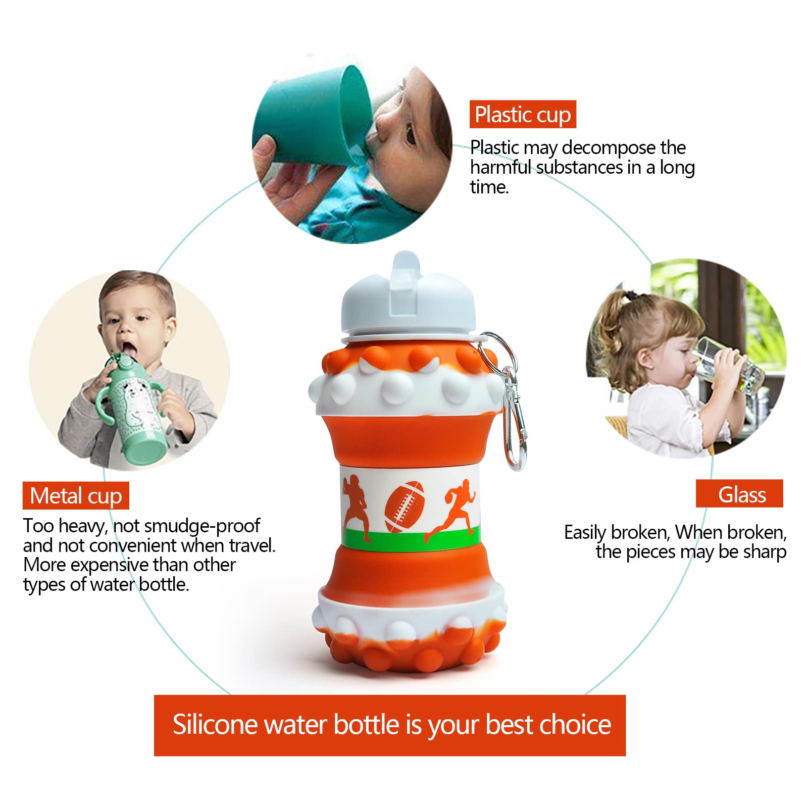 Louis Donné Collapsible Soccer Water Bottle, Silicone Football Water Bottle, 550ml/19oz Kids Water Bottle with Keyring, BPA-Free Drink Sports Water Bottle for School, Boys and Girls