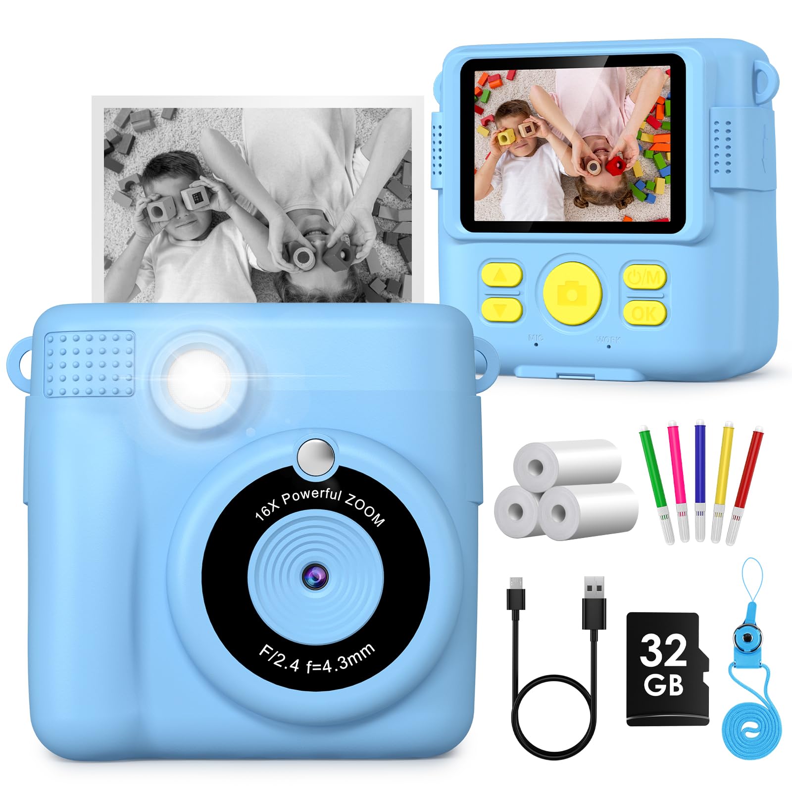 Gofunly Kids Camera Instant Print, 2.4'' Instant Camera for Kids with 32G Card & Print Photo Paper, 1080P HD Video Kids Digital Toddler Toy Camera, Christmas Birthday Gift for Girls Age 3-12 Years Old