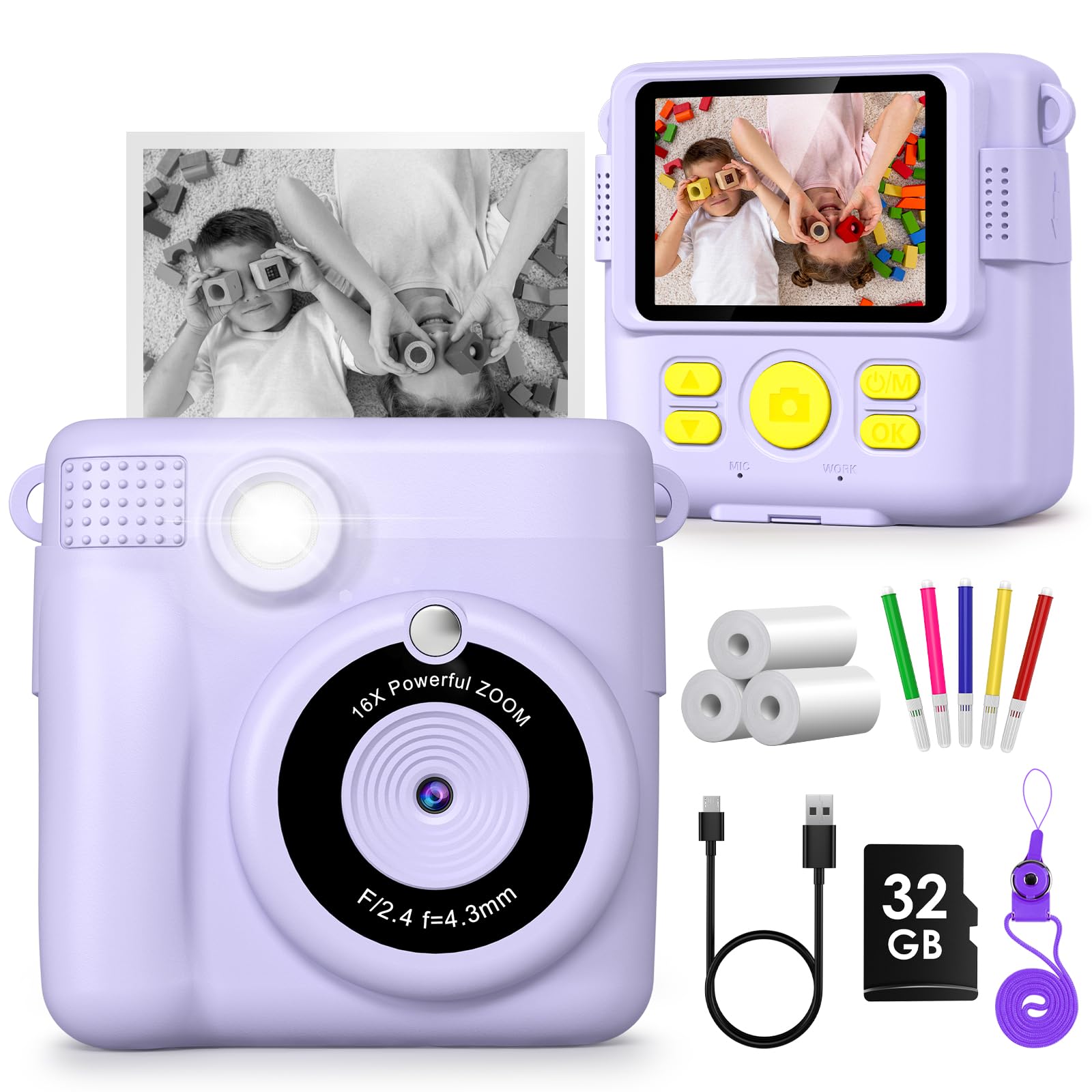 Gofunly Kids Camera Instant Print, 2.4'' Instant Camera for Kids with 32G Card & Print Photo Paper, 1080P HD Video Kids Digital Toddler Toy Camera, Christmas Birthday Gift for Girls Age 3-12 Years Old