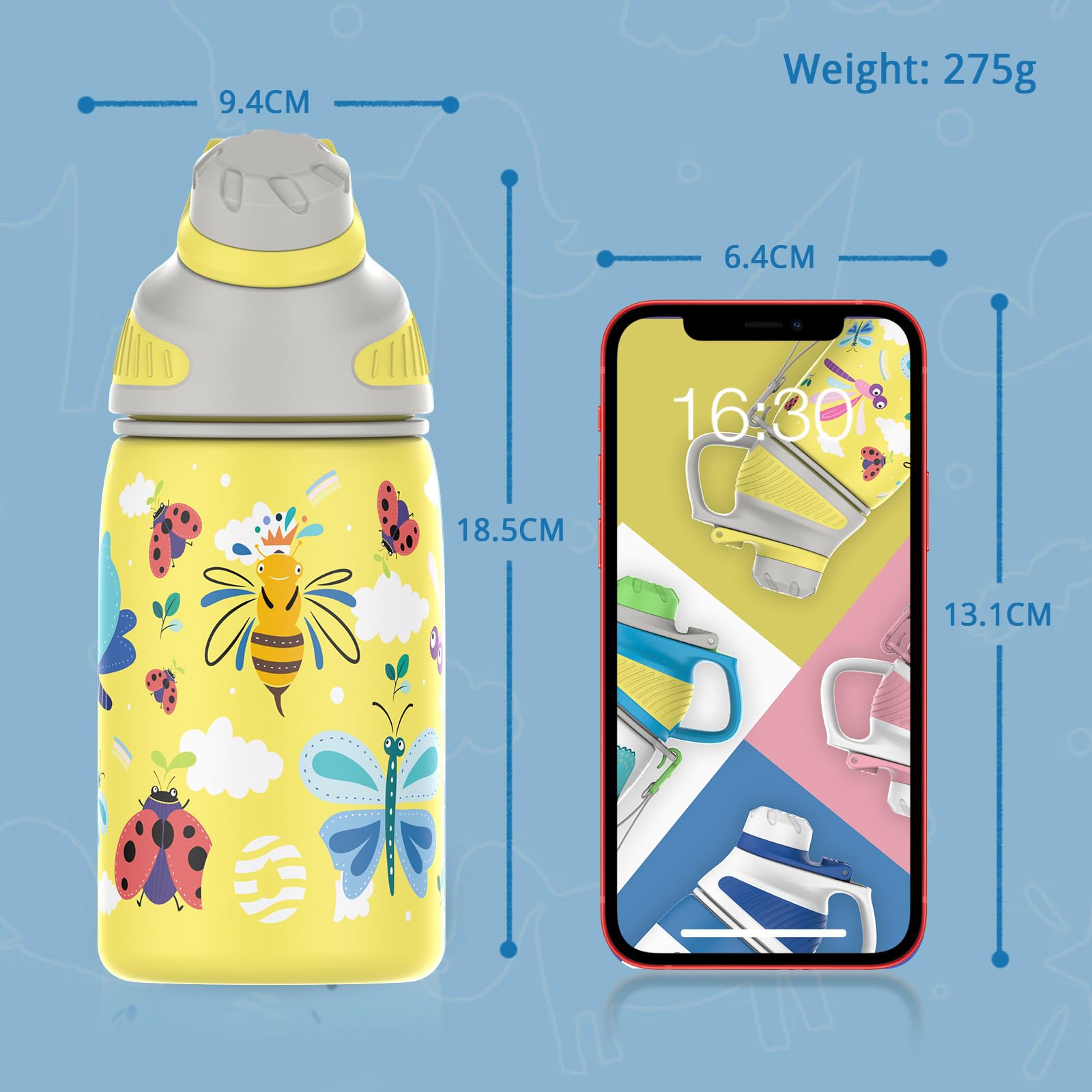 Fjbottle Kids Stainless Steel Water Bottle 400ML with Magnetic Lid, Double Wall Vacuum Insulated Water Bottles BPA Free, Kids Water Bottles for School Toddler Leak Proof with Cleaning Brush