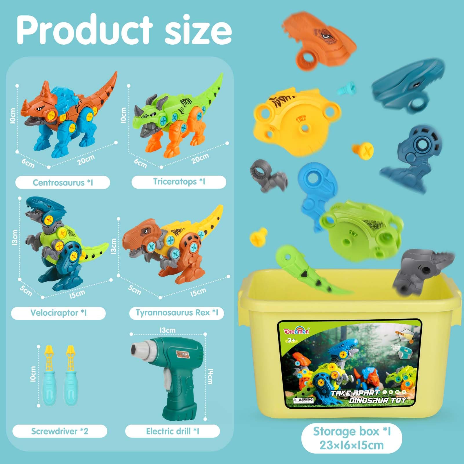 Dreamon Take Apart Dinosaur Toys for Kids with Storage Box Electric Drill DIY Construction Build Set Educational STEM Gifts for Boys Girls