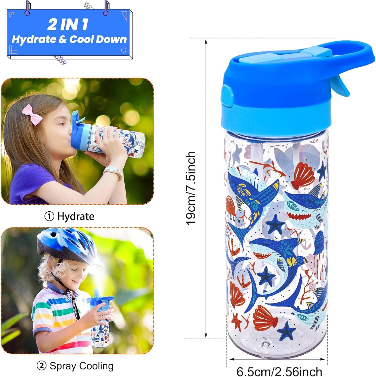 Newthinking Kids Water Bottle with Spray Mist, 420ml Portable Kids Spray Drinking Bottle for Boys Girls School Cool Down and Hydrate