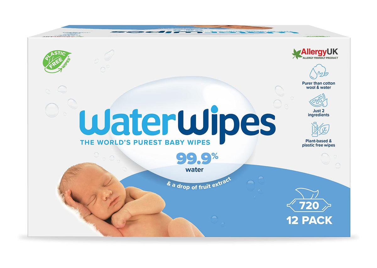 WaterWipes Plastic-Free Original Baby Wipes, 99.9% Water Based Wipes, Unscented for Sensitive Skin, 720 count (Pack of 12)