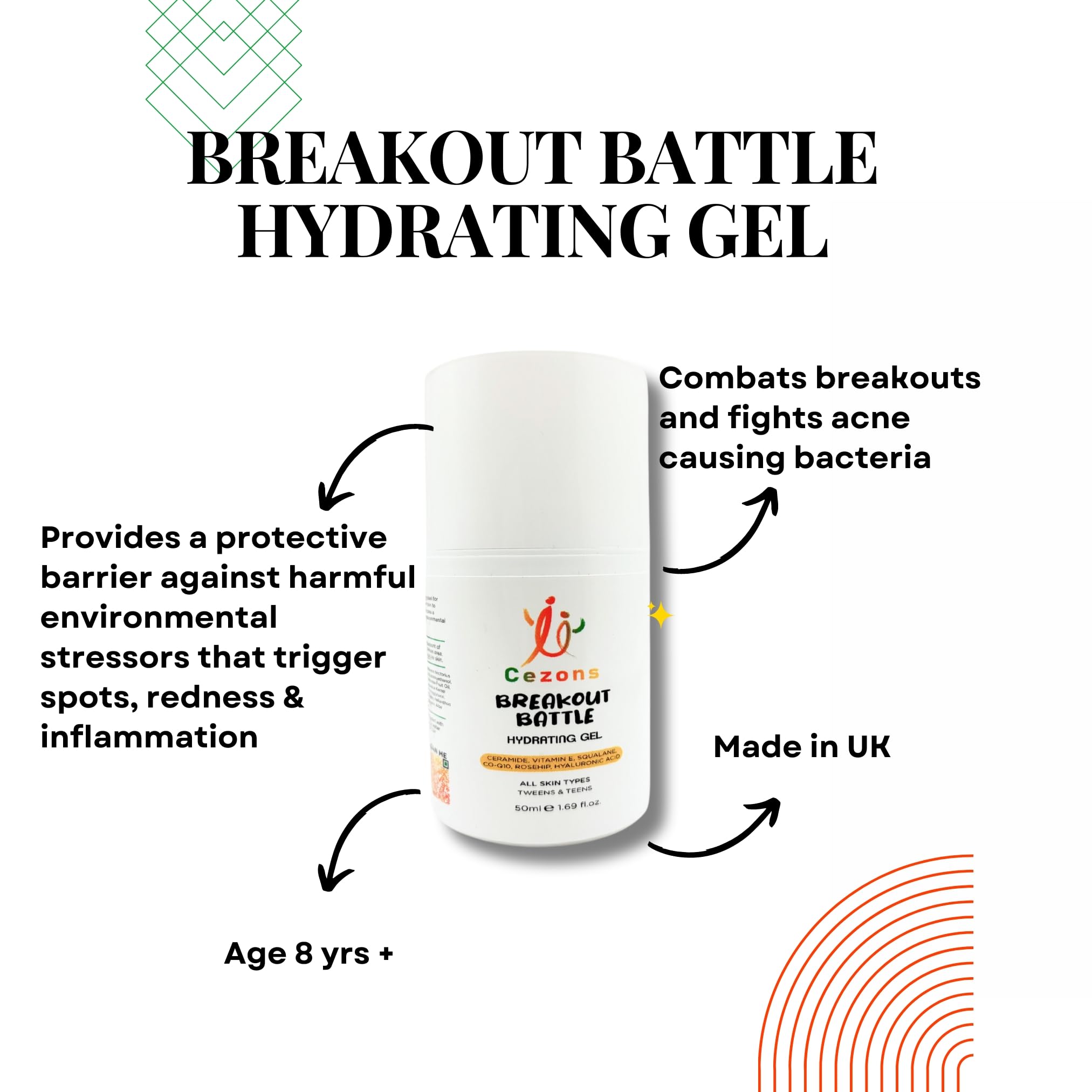 Cezons Breakout Battle Hydrating Gel 100ML for Kids, Tweens and Teenagers - Ceramide Serum with Hyaluronic Acid & Aloe Vera for Acne-Prone Skin.