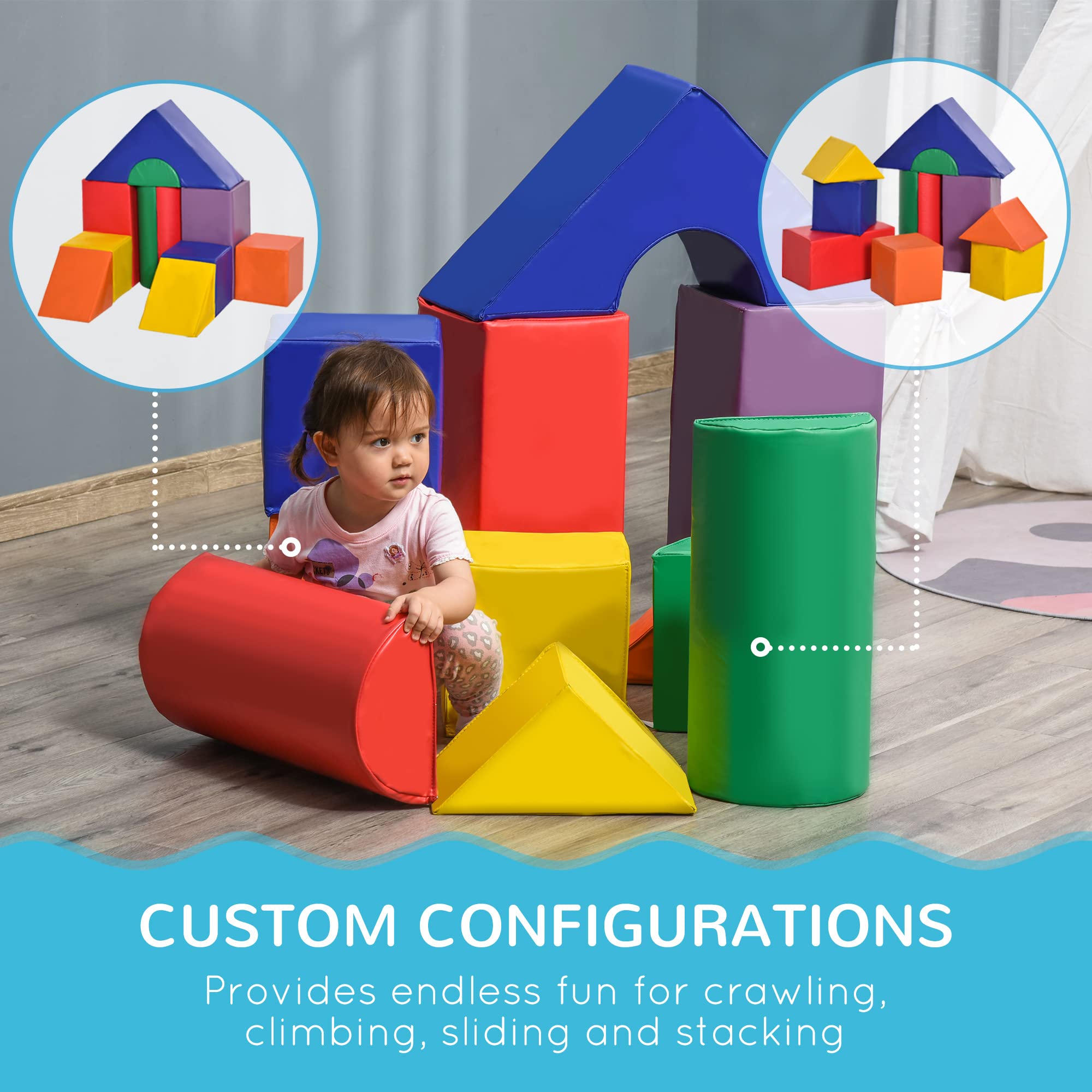 HOMCOM 11 Piece Kids Soft Foam Puzzle Play Set Interlocking Toddler Learning Blocks Soft Play Blocks Gym Toy Foam Building and Stacking Blocks Educational Play Structure Safe Crawl Climb