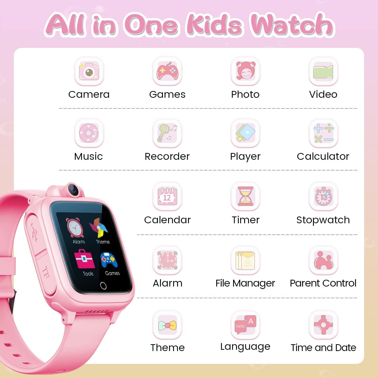 Awatty Kids Smart Watch for Boys Girls, Birthday Gift for 5-12 Year Olds Children, Electronic Learning Toys with 14 Puzzle Games, Pink Digital Watch with 90° Rotating Camera and MP3 Music Player