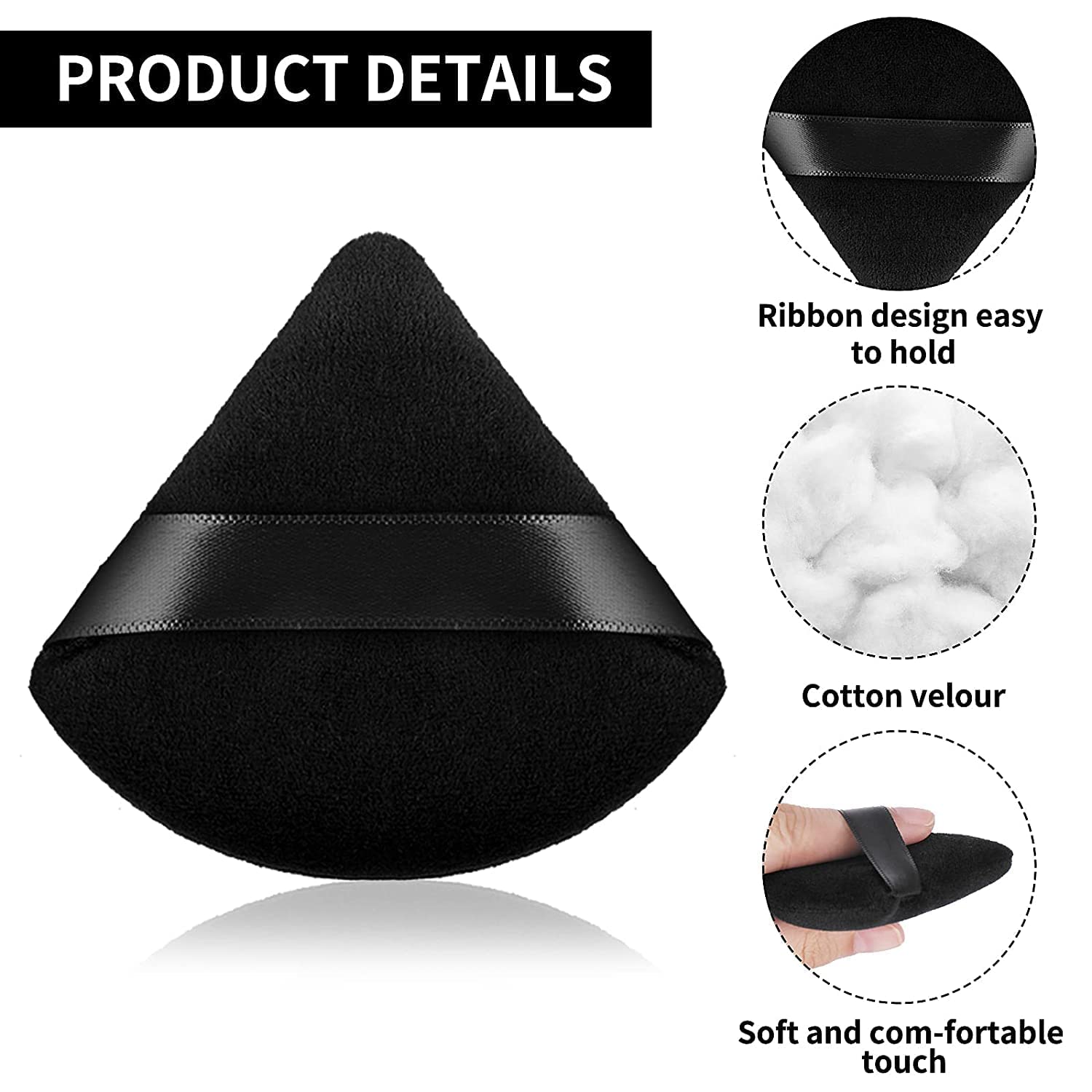 WROLY Triangle Puff 4 Pcs for Pressed Powder, Soft & Resuable Foundation Sponge With Strap, Makeup Sponge Perfect For Dry & Wet Makeup (Black + Black)